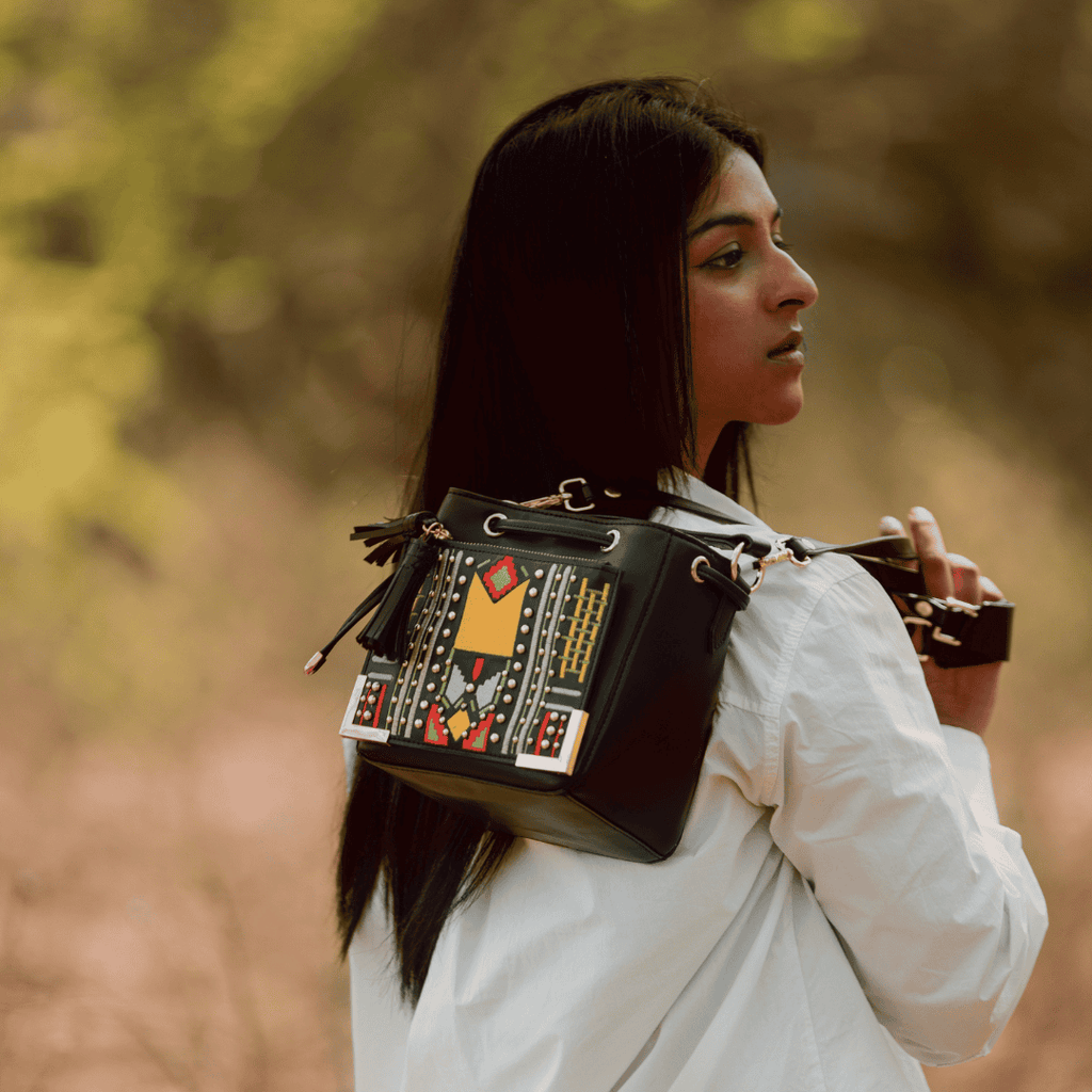 Nora Vegan Leather Embroidered Sling Bag - Black at Kamakhyaa by Green Hermitage. This item is A Walk in the Forest by Green Hermitage, Banana Leather, Black, Cactus Leather, Sling Bags, Under $50