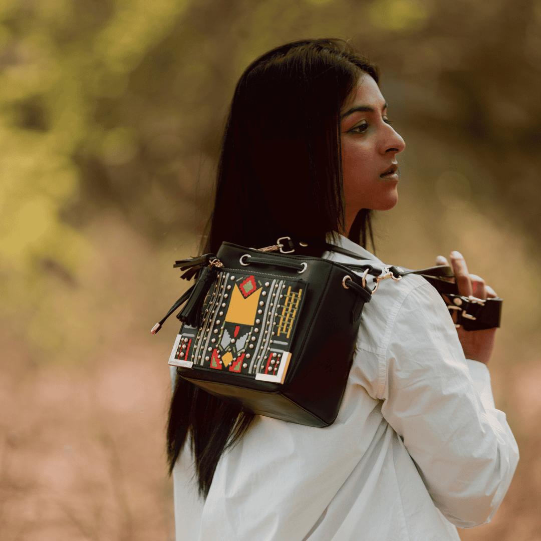 Nora Vegan Leather Embroidered Sling Bag - Black at Kamakhyaa by Green Hermitage. This item is A Walk in the Forest by Green Hermitage, Banana Leather, Black, Cactus Leather, Sling Bags, Under $50