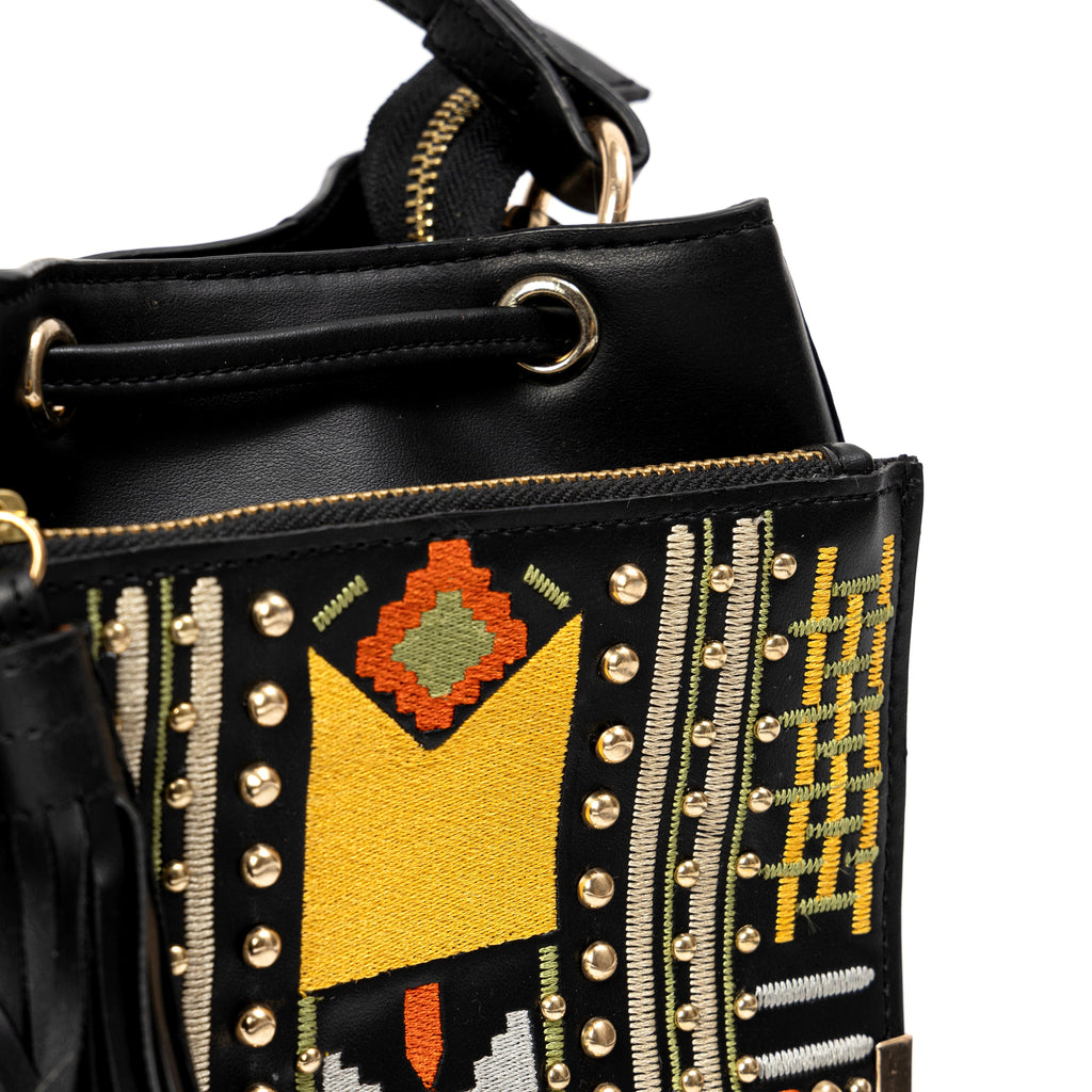 Nora Vegan Leather Embroidered Sling Bag - Black at Kamakhyaa by Green Hermitage. This item is A Walk in the Forest by Green Hermitage, Banana Leather, Black, Cactus Leather, Sling Bags, Under $50