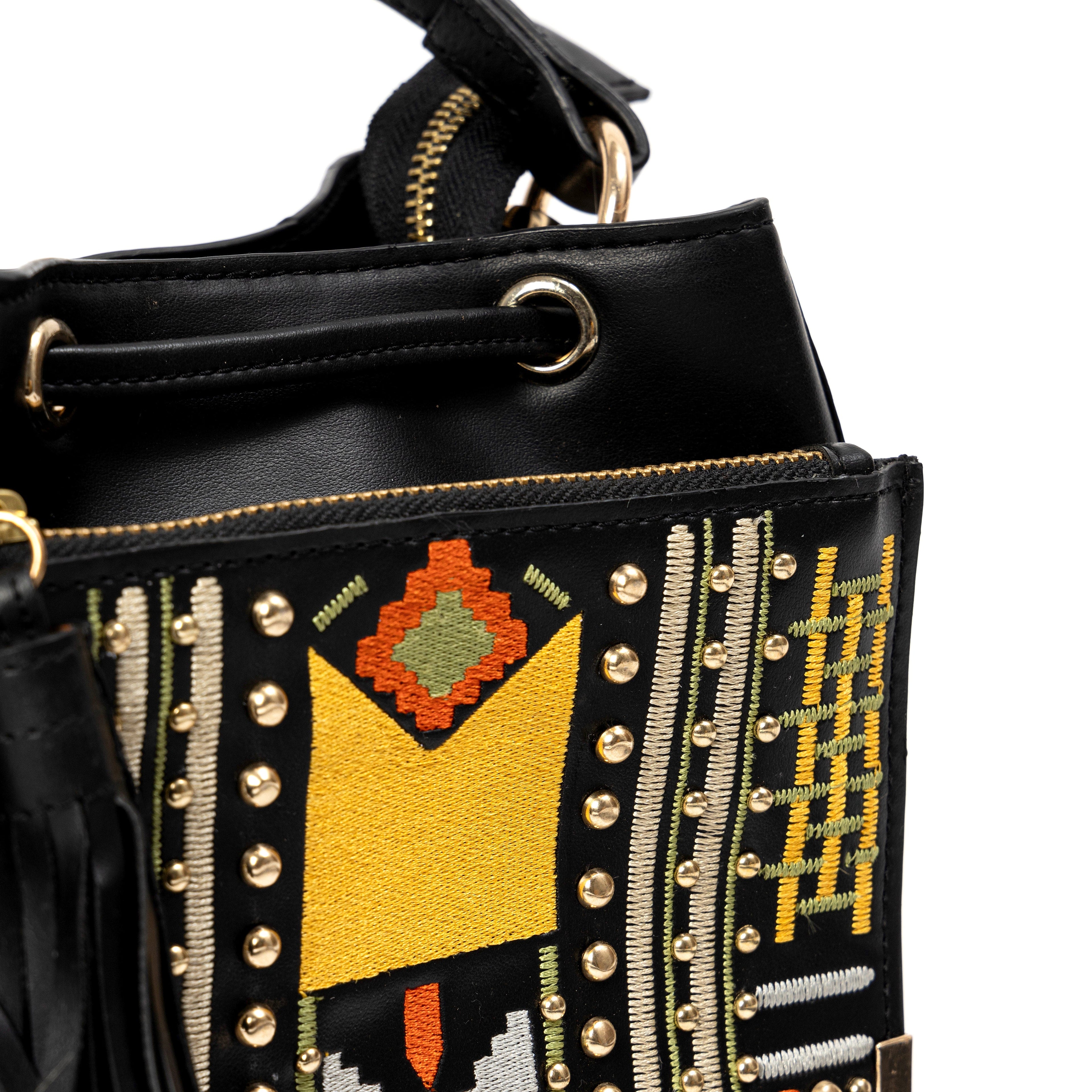 Nora Vegan Leather Embroidered Sling Bag - Black at Kamakhyaa by Green Hermitage. This item is A Walk in the Forest by Green Hermitage, Banana Leather, Black, Cactus Leather, Sling Bags, Under $50