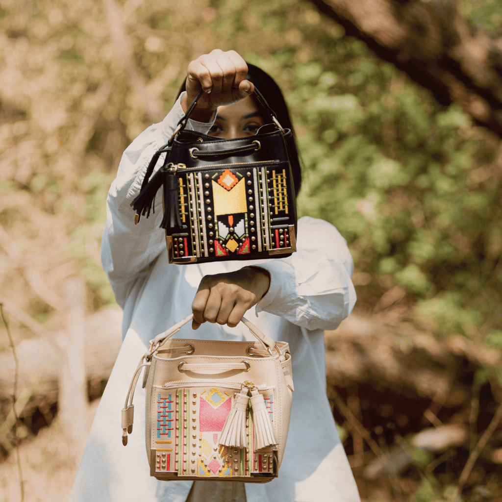 Nora Vegan Leather Embroidered Sling Bag - Black at Kamakhyaa by Green Hermitage. This item is A Walk in the Forest by Green Hermitage, Banana Leather, Black, Cactus Leather, Sling Bags, Under $50