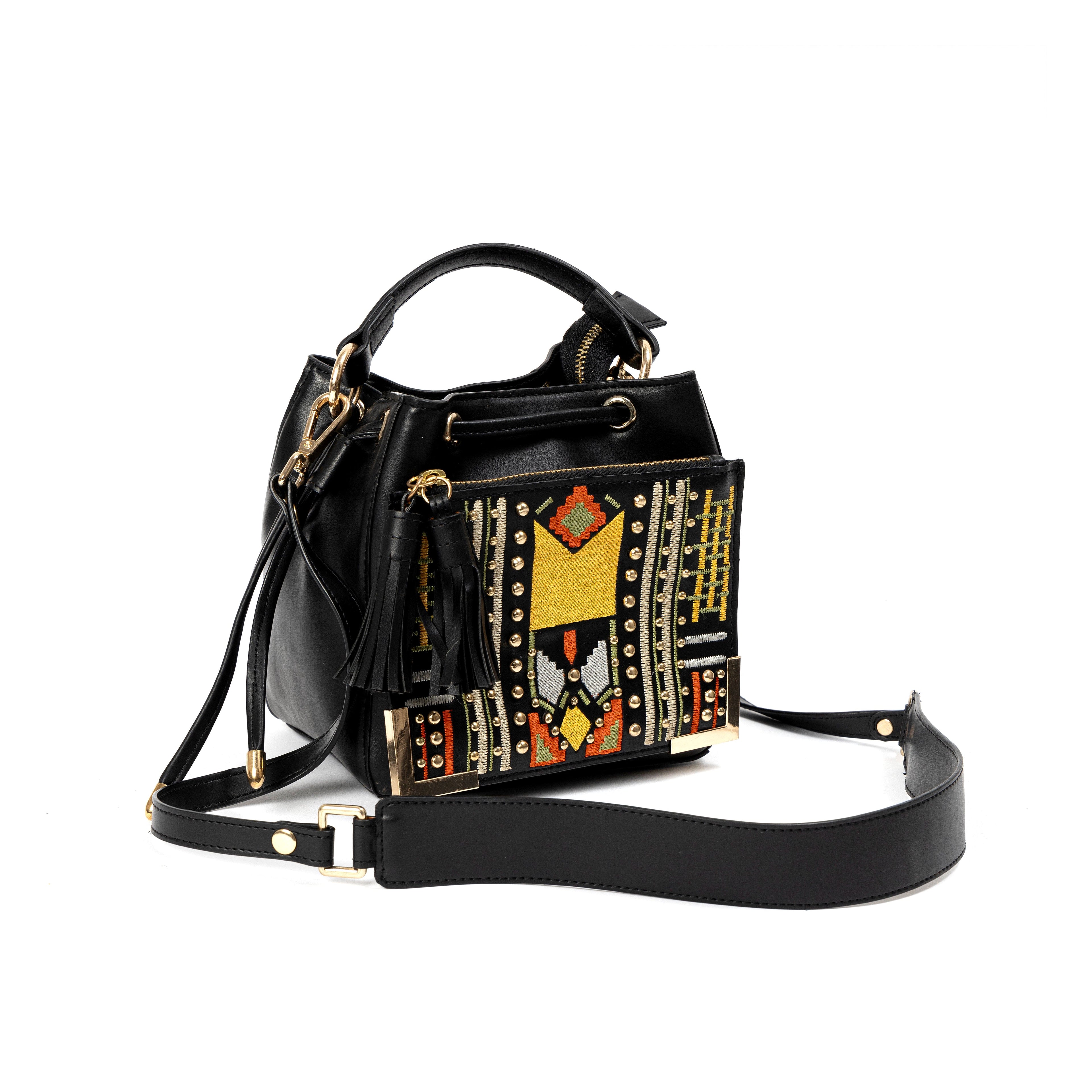 Nora Vegan Leather Embroidered Sling Bag - Black at Kamakhyaa by Green Hermitage. This item is A Walk in the Forest by Green Hermitage, Banana Leather, Black, Cactus Leather, Sling Bags, Under $50