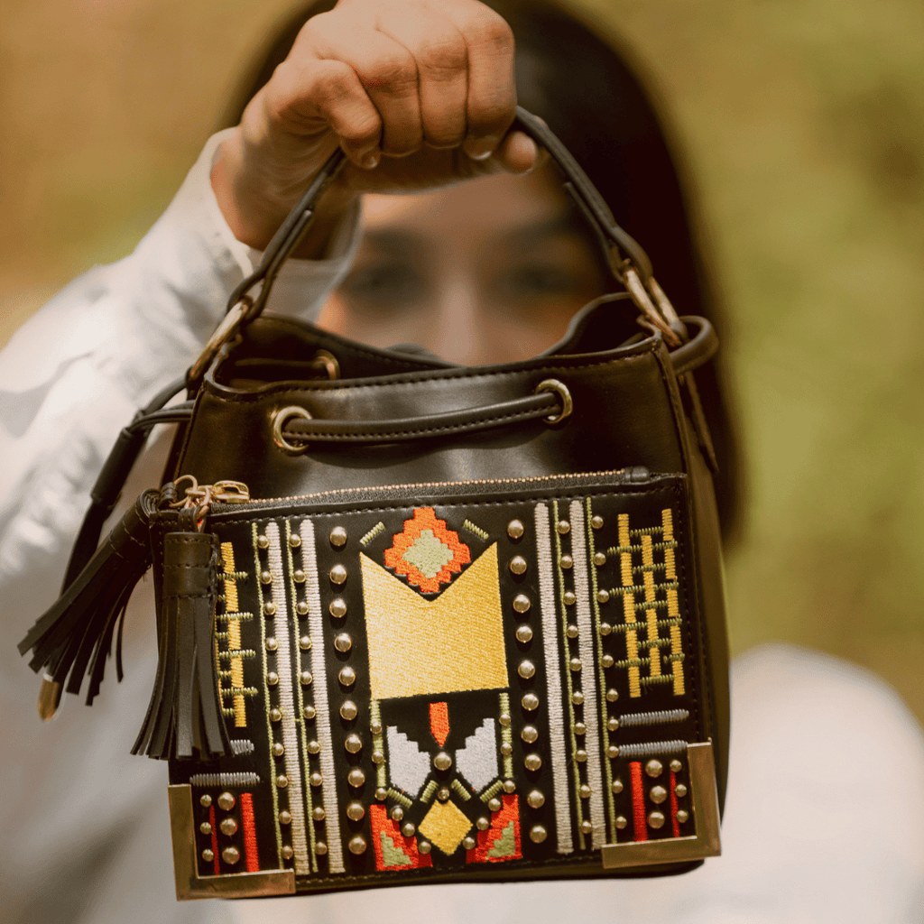 Nora Vegan Leather Embroidered Sling Bag - Black at Kamakhyaa by Green Hermitage. This item is A Walk in the Forest by Green Hermitage, Banana Leather, Black, Cactus Leather, Sling Bags, Under $50