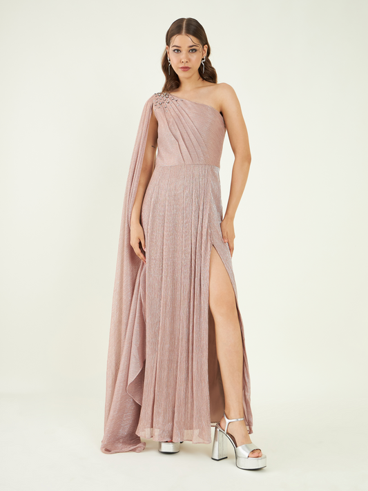 Nude One Shoulder Slit Dress at Kamakhyaa by Bohobi. This item is Brown, Fine Pleated Crepe, One Shoulder Dresses, Party Wear, Regular Fit, Swarovski Embroidery, Toxin free