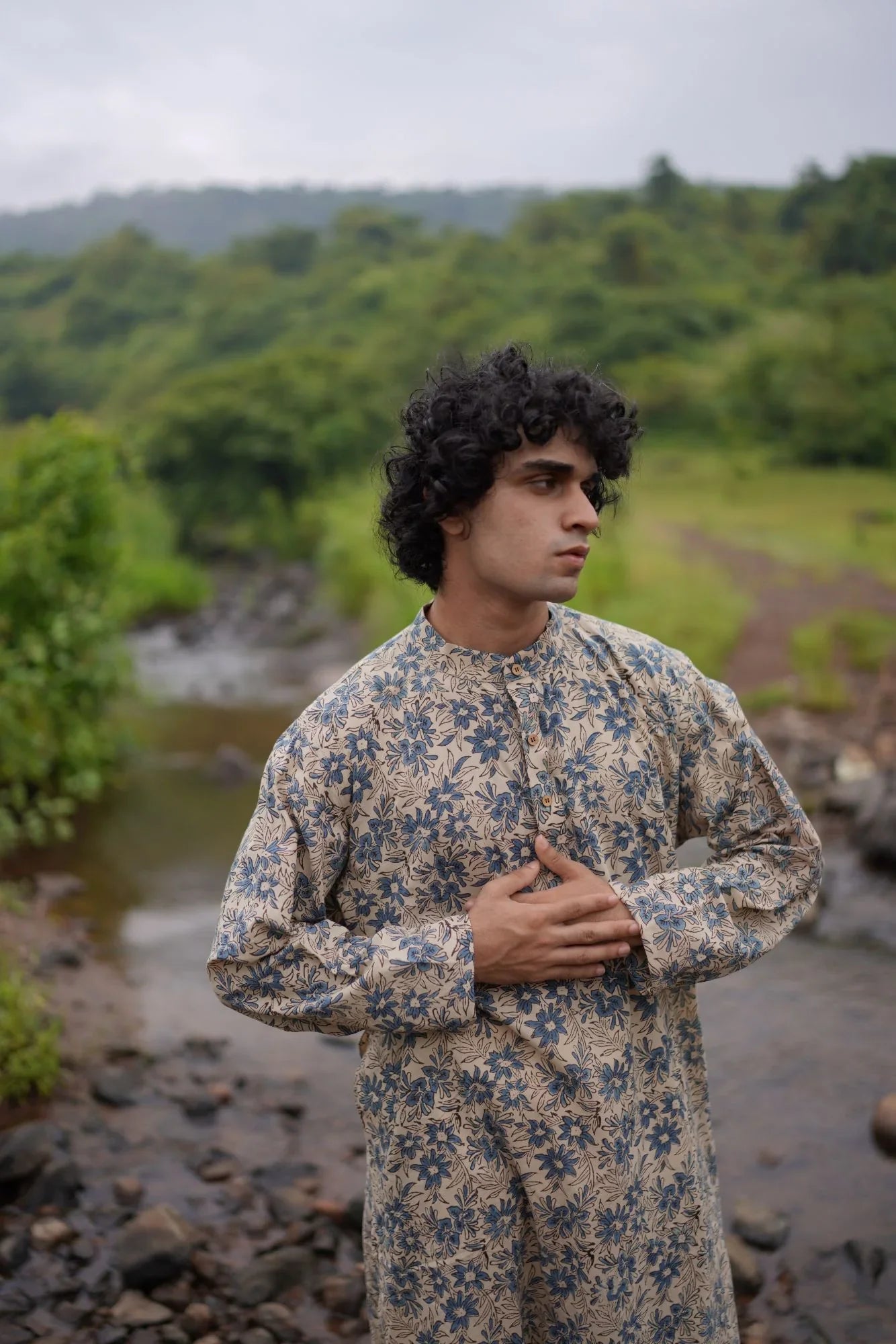 Off-White Ajrakh Indigo Floral Kurta at Kamakhyaa by Hasttvam. This item is Blue, Cotton, Festive Wear, Floral, Natural dyes, Relaxed Fit, Respondible production and Vegan