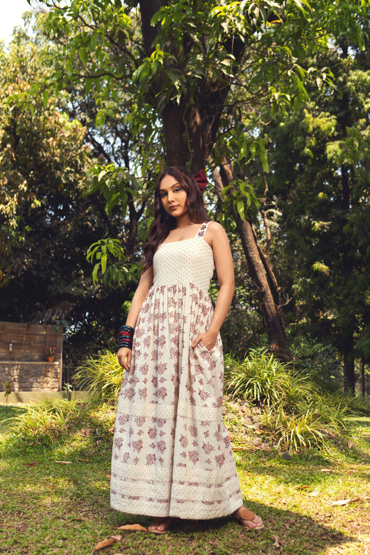 Off-White Casual Wear Maxi Dress at Kamakhyaa by Akashii Clothing. This item is Bloom by Akashi Clothing, Casual Wear, Cotton, Floral Prints, handmade, Kala Cotton, Maxi Dresses, Off-white, Organic, Regular Fit