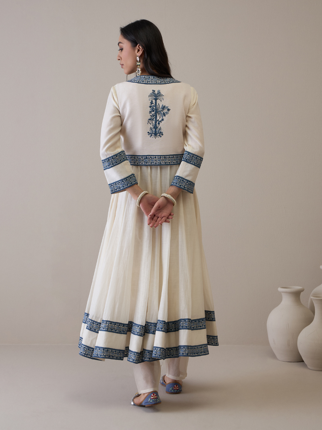 Off White Chanderi Kurta Set with Jacket at Kamakhyaa by RoohbyRidhimaa. This item is Avani by RoohbyRidhimaa, Ethnic Wear, Kurta Pant Sets, Pure Chanderi, Regular Fit, Resham Embroidered, Toxin free, White