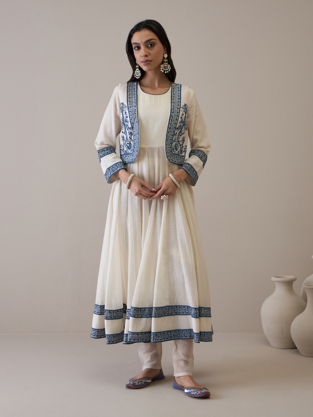 Off White Chanderi Kurta Set with Jacket at Kamakhyaa by RoohbyRidhimaa. This item is Avani by RoohbyRidhimaa, Ethnic Wear, Kurta Pant Sets, Pure Chanderi, Regular Fit, Resham Embroidered, Toxin free, White