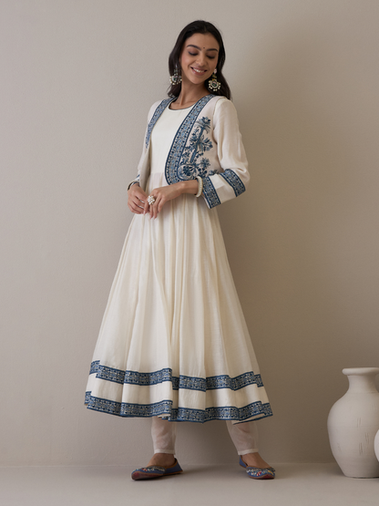 Off White Chanderi Kurta Set with Jacket at Kamakhyaa by RoohbyRidhimaa. This item is Avani by RoohbyRidhimaa, Ethnic Wear, Kurta Pant Sets, Pure Chanderi, Regular Fit, Resham Embroidered, Toxin free, White