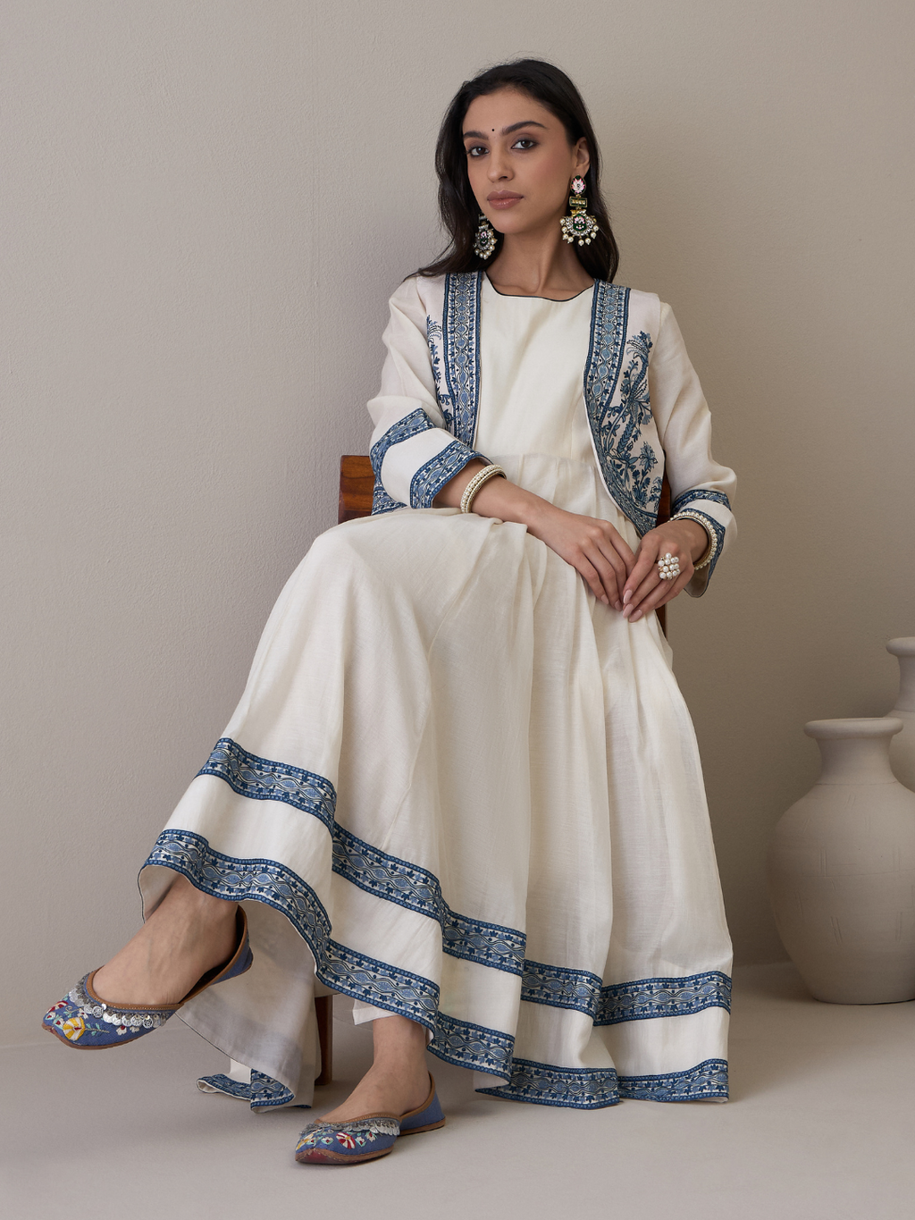 Off White Chanderi Kurta Set with Jacket at Kamakhyaa by RoohbyRidhimaa. This item is Avani by RoohbyRidhimaa, Ethnic Wear, Kurta Pant Sets, Pure Chanderi, Regular Fit, Resham Embroidered, Toxin free, White