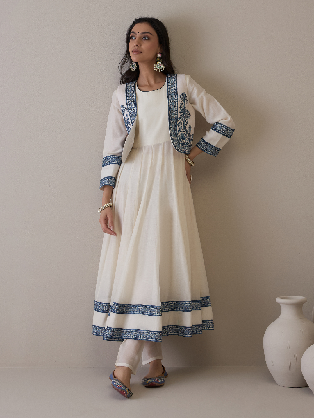 Off White Chanderi Kurta Set with Jacket at Kamakhyaa by RoohbyRidhimaa. This item is Avani by RoohbyRidhimaa, Ethnic Wear, Kurta Pant Sets, Pure Chanderi, Regular Fit, Resham Embroidered, Toxin free, White