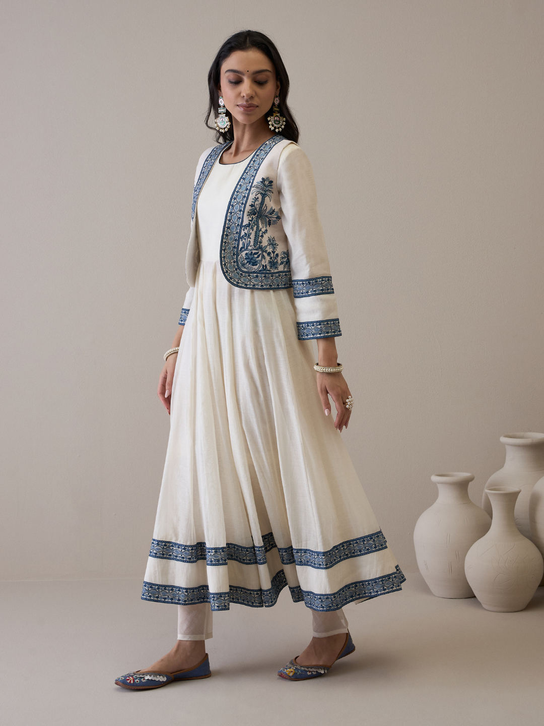 Off White Chanderi Kurta Set with Jacket at Kamakhyaa by RoohbyRidhimaa. This item is Avani by RoohbyRidhimaa, Ethnic Wear, Kurta Pant Sets, Pure Chanderi, Regular Fit, Resham Embroidered, Toxin free, White