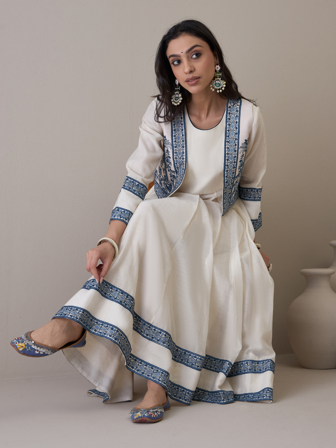 Off White Chanderi Kurta Set with Jacket at Kamakhyaa by RoohbyRidhimaa. This item is Avani by RoohbyRidhimaa, Ethnic Wear, Kurta Pant Sets, Pure Chanderi, Regular Fit, Resham Embroidered, Toxin free, White