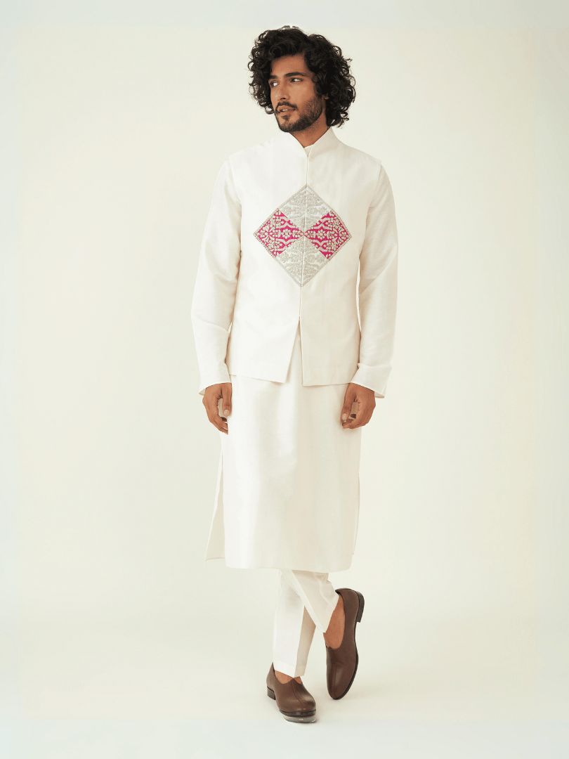 Off White Chanderi Silk Jacket at Kamakhyaa by RoohbyRidhimaa. This item is Chanderi Silk, Festive Wear, Jackets, Men Jackets, Menswear By RoohbyRidhimaa, Off white, Qala By RoohbyRidhimaa, Regular Fit, Silk Chanderi, Zardozi Embroidery