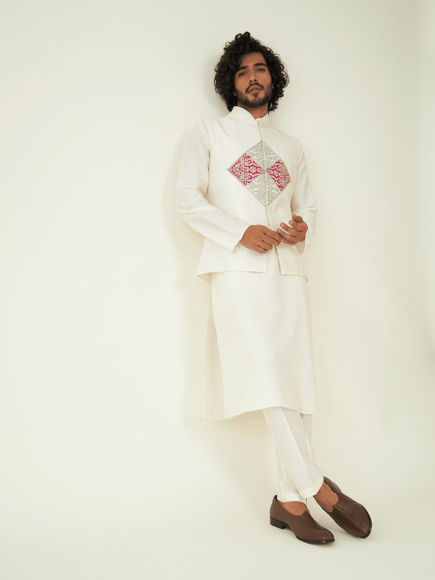 Off White Chanderi Silk Jacket at Kamakhyaa by RoohbyRidhimaa. This item is Chanderi Silk, Festive Wear, Jackets, Men Jackets, Menswear By RoohbyRidhimaa, Off white, Qala By RoohbyRidhimaa, Regular Fit, Silk Chanderi, Zardozi Embroidery