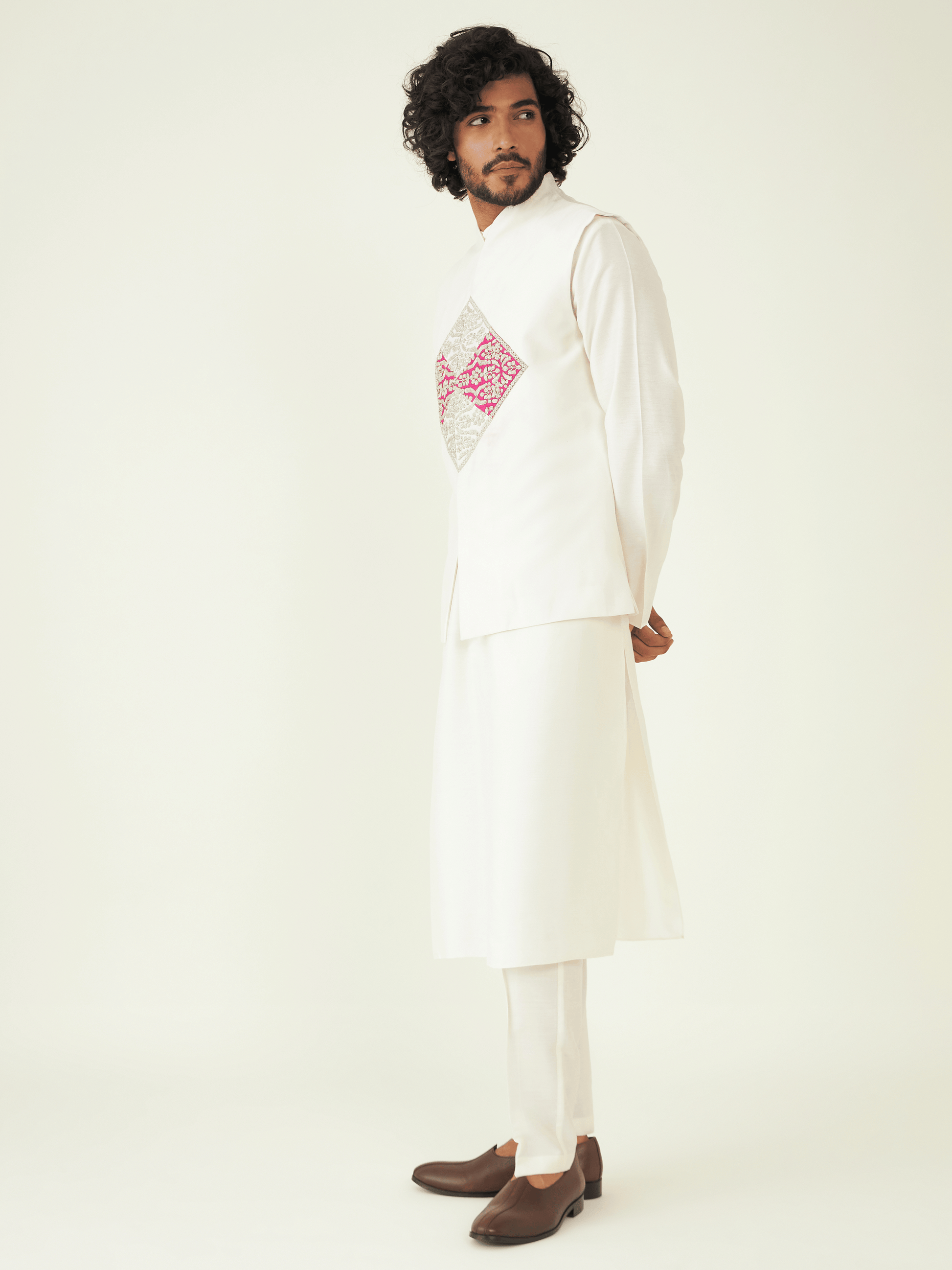 Off White Chanderi Silk Jacket at Kamakhyaa by RoohbyRidhimaa. This item is Chanderi Silk, Festive Wear, Jackets, Men Jackets, Menswear By RoohbyRidhimaa, Off white, Qala By RoohbyRidhimaa, Regular Fit, Silk Chanderi, Zardozi Embroidery