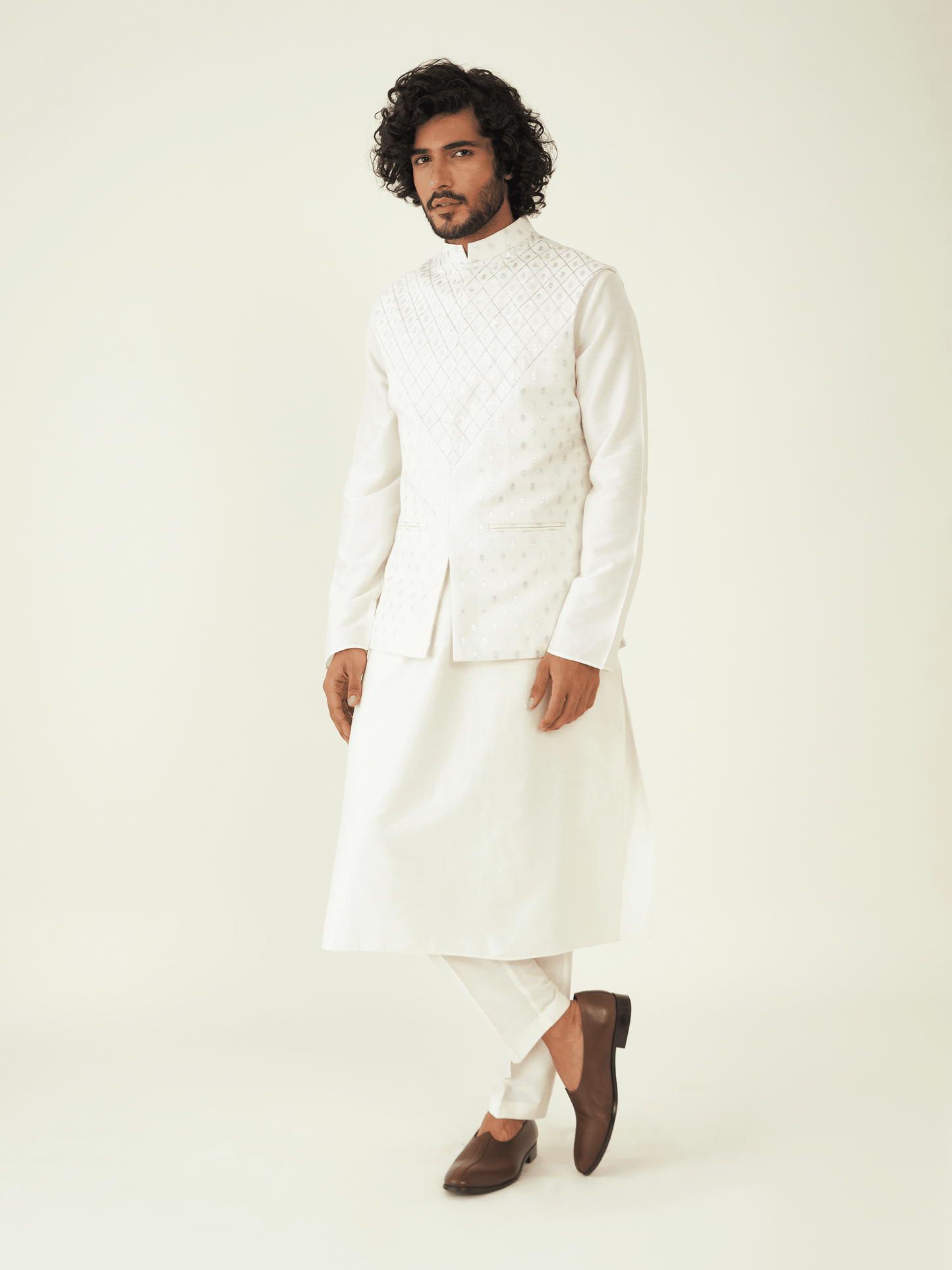 Off White Chanderi Silk Jacquard Jacket at Kamakhyaa by RoohbyRidhimaa. This item is Chanderi Silk, Festive Wear, Jackets, Men Jackets, Menswear By RoohbyRidhimaa, Off white, Pure Silk Chanderi Jacquard, Qala By RoohbyRidhimaa, Regular Fit, Zari Embroidered