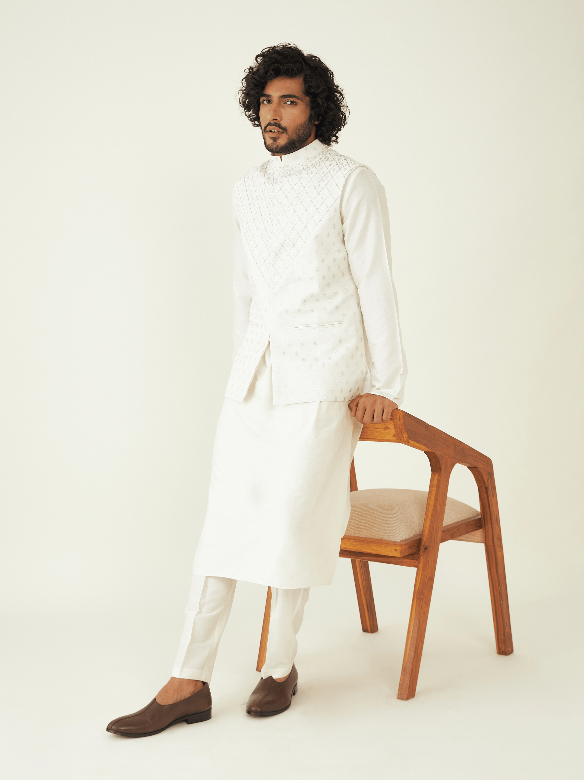 Off White Chanderi Silk Jacquard Jacket at Kamakhyaa by RoohbyRidhimaa. This item is Chanderi Silk, Festive Wear, Jackets, Men Jackets, Menswear By RoohbyRidhimaa, Off white, Pure Silk Chanderi Jacquard, Qala By RoohbyRidhimaa, Regular Fit, Zari Embroidered