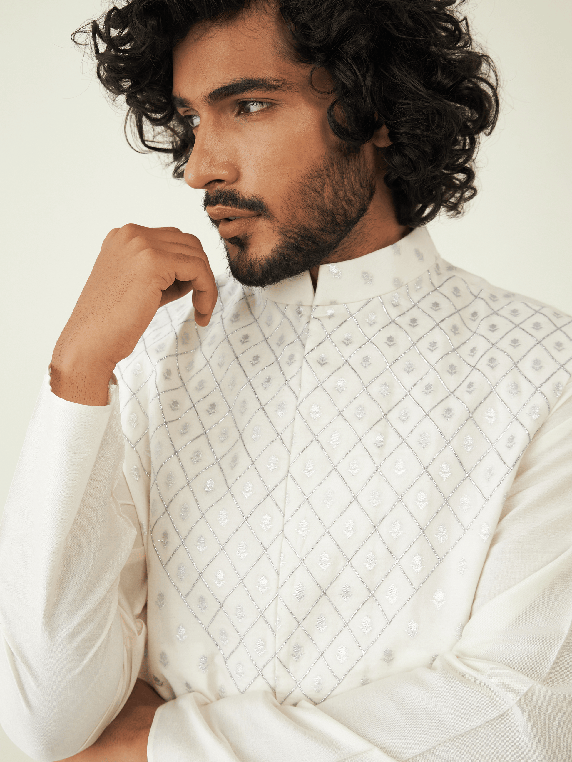 Off White Chanderi Silk Jacquard Jacket at Kamakhyaa by RoohbyRidhimaa. This item is Chanderi Silk, Festive Wear, Jackets, Men Jackets, Menswear By RoohbyRidhimaa, Off white, Pure Silk Chanderi Jacquard, Qala By RoohbyRidhimaa, Regular Fit, Zari Embroidered