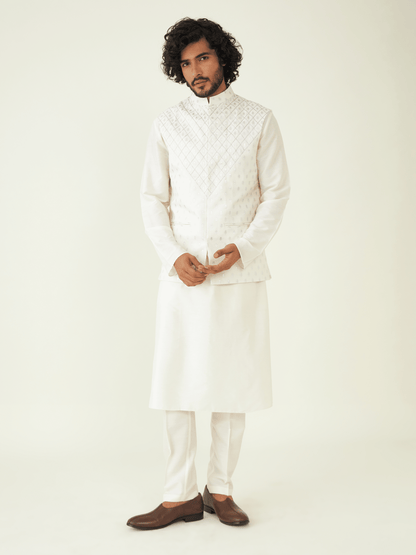 Off White Chanderi Silk Jacquard Jacket at Kamakhyaa by RoohbyRidhimaa. This item is Chanderi Silk, Festive Wear, Jackets, Men Jackets, Menswear By RoohbyRidhimaa, Off white, Pure Silk Chanderi Jacquard, Qala By RoohbyRidhimaa, Regular Fit, Zari Embroidered