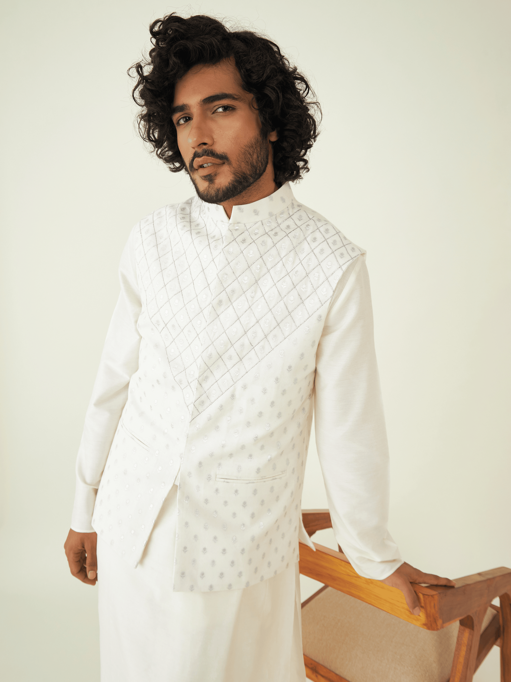 Off White Chanderi Silk Jacquard Jacket at Kamakhyaa by RoohbyRidhimaa. This item is Chanderi Silk, Festive Wear, Jackets, Men Jackets, Menswear By RoohbyRidhimaa, Off white, Pure Silk Chanderi Jacquard, Qala By RoohbyRidhimaa, Regular Fit, Zari Embroidered