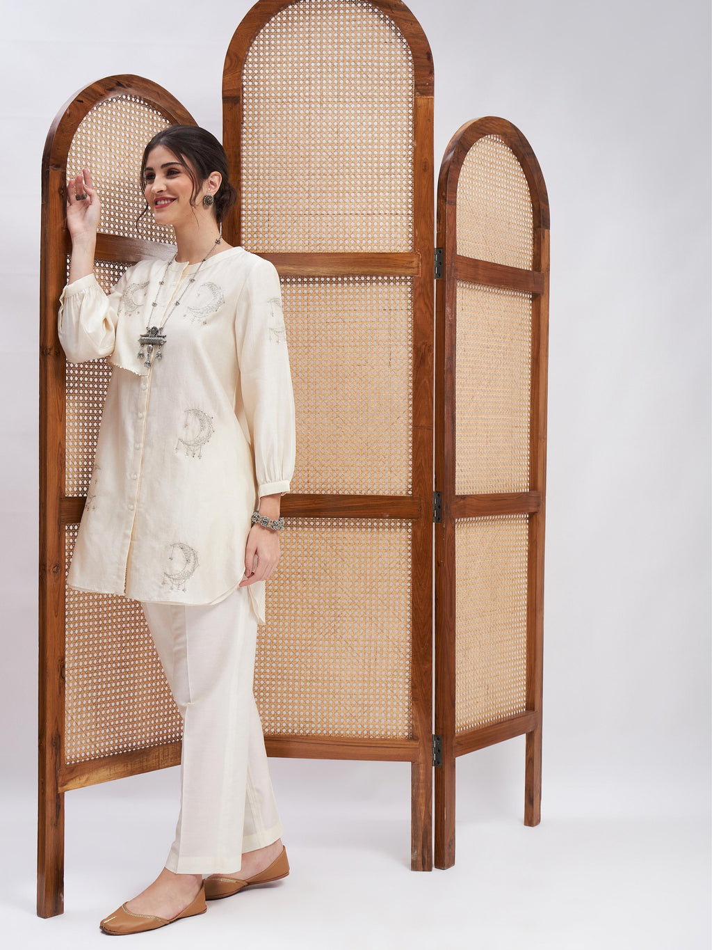 Off-White Chanderi Silk Kurta Set at Kamakhyaa by RoohbyRidhimaa. This item is Cotton, Cotton Mulmul, Kurta Sets, Off-white, Office Wear, Relaxed Fit, Sequin Embroidered, Silk Chanderi, Toxin free