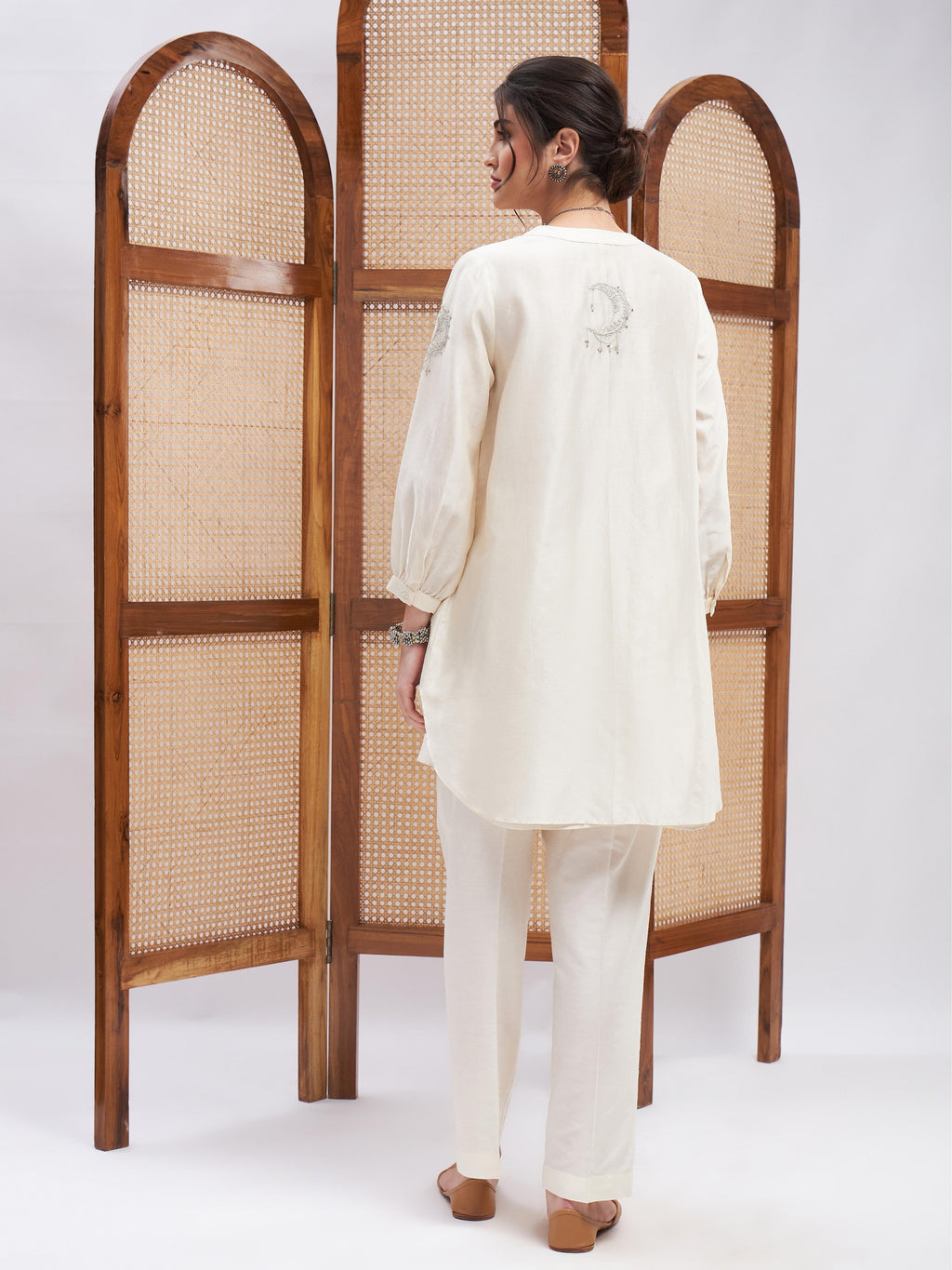 Off-White Chanderi Silk Kurta Set at Kamakhyaa by RoohbyRidhimaa. This item is Cotton, Cotton Mulmul, Kurta Sets, Off-white, Office Wear, Relaxed Fit, Sequin Embroidered, Silk Chanderi, Toxin free