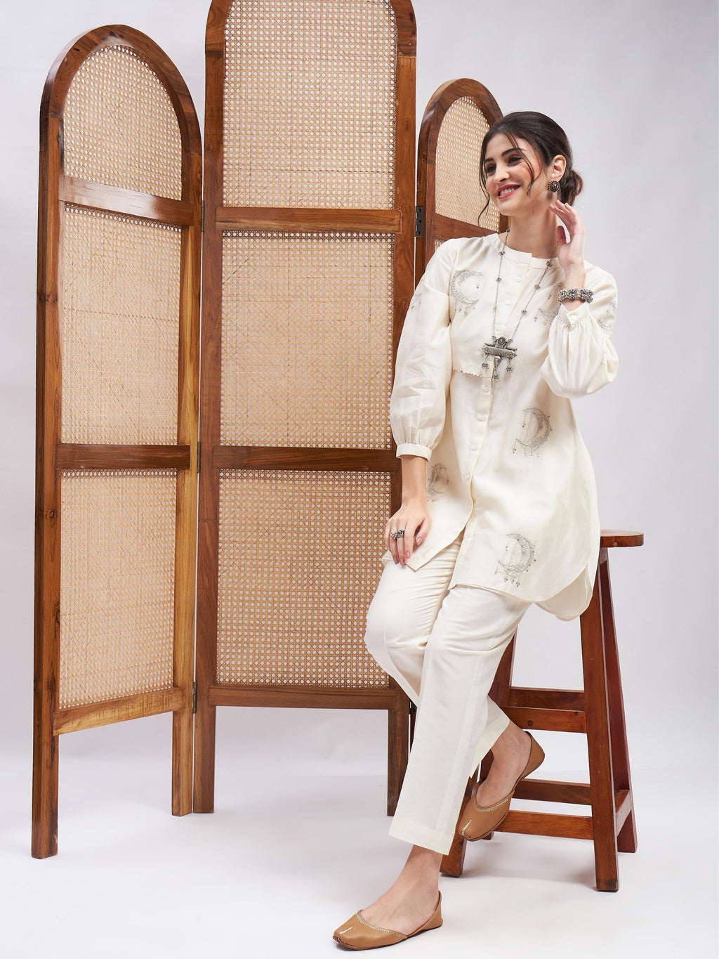 Off-White Chanderi Silk Kurta Set at Kamakhyaa by RoohbyRidhimaa. This item is Cotton, Cotton Mulmul, Kurta Sets, Off-white, Office Wear, Relaxed Fit, Sequin Embroidered, Silk Chanderi, Toxin free
