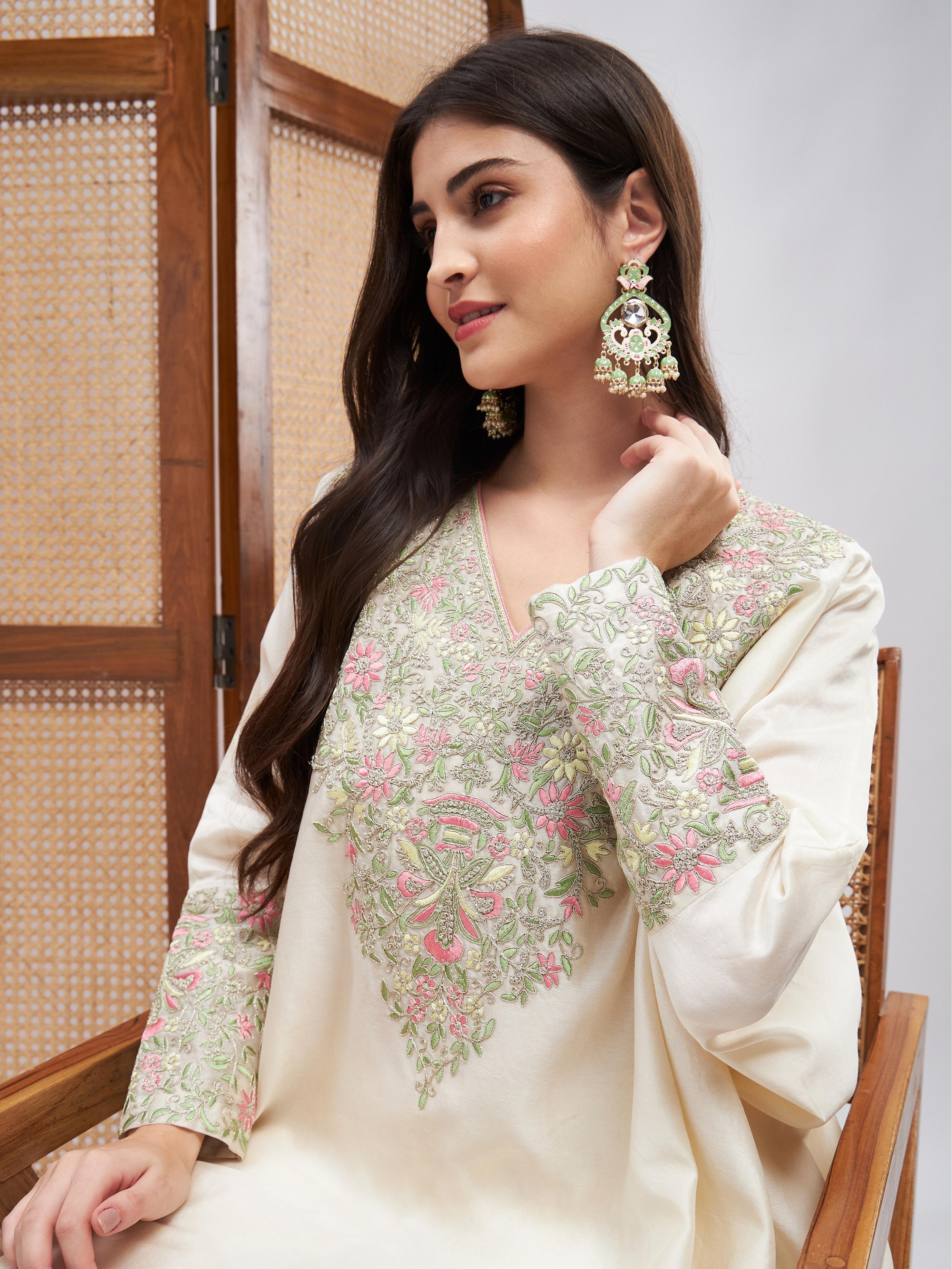 Off-White Chanderi Silk Kurta Set with Zari Embroidery at Kamakhyaa by RoohbyRidhimaa. This item is Chanderi Silk, Cotton, Embroidered, Festive Wear, Kurta Sets, Off-white, Relaxed Fit, Resham, Resham Embroidered, Silk Chanderi, Toxin free, Zari Embroidered