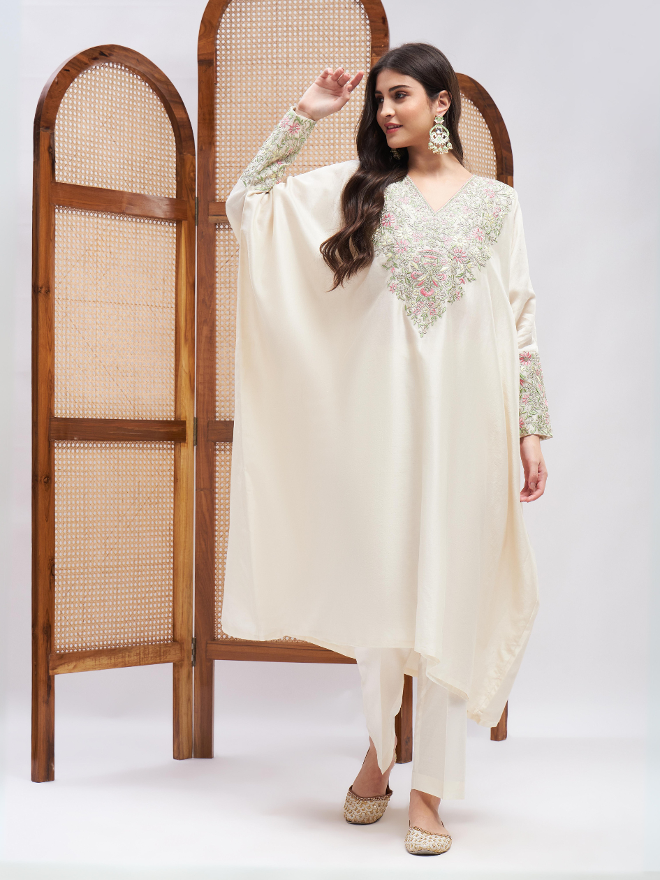 Off-White Chanderi Silk Kurta Set with Zari Embroidery at Kamakhyaa by RoohbyRidhimaa. This item is Chanderi Silk, Cotton, Embroidered, Festive Wear, Kurta Sets, Off-white, Relaxed Fit, Resham, Resham Embroidered, Silk Chanderi, Toxin free, Zari Embroidered