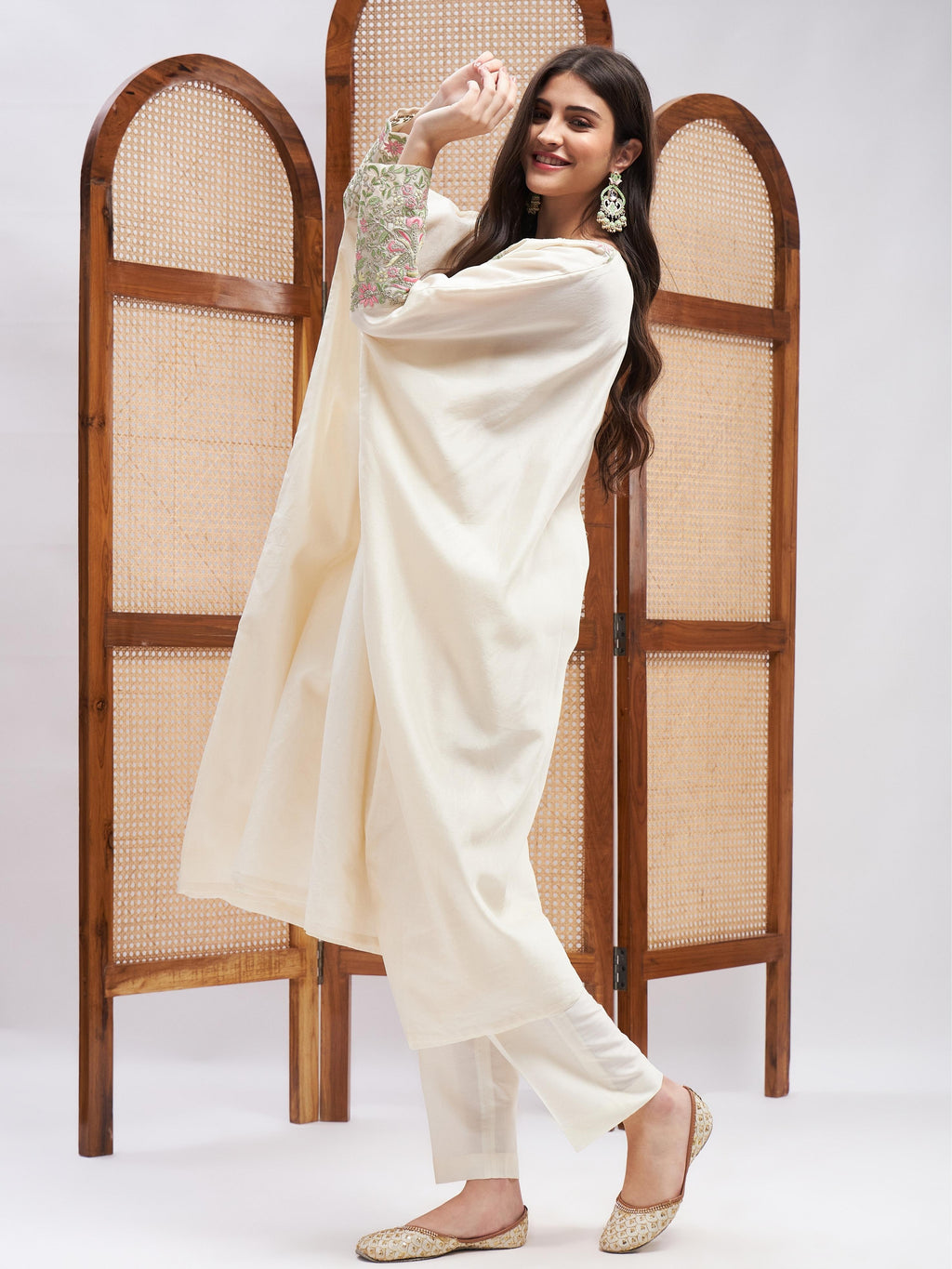 Off-White Chanderi Silk Kurta Set with Zari Embroidery at Kamakhyaa by RoohbyRidhimaa. This item is Chanderi Silk, Cotton, Embroidered, Festive Wear, Kurta Sets, Off-white, Relaxed Fit, Resham, Resham Embroidered, Silk Chanderi, Toxin free, Zari Embroidered