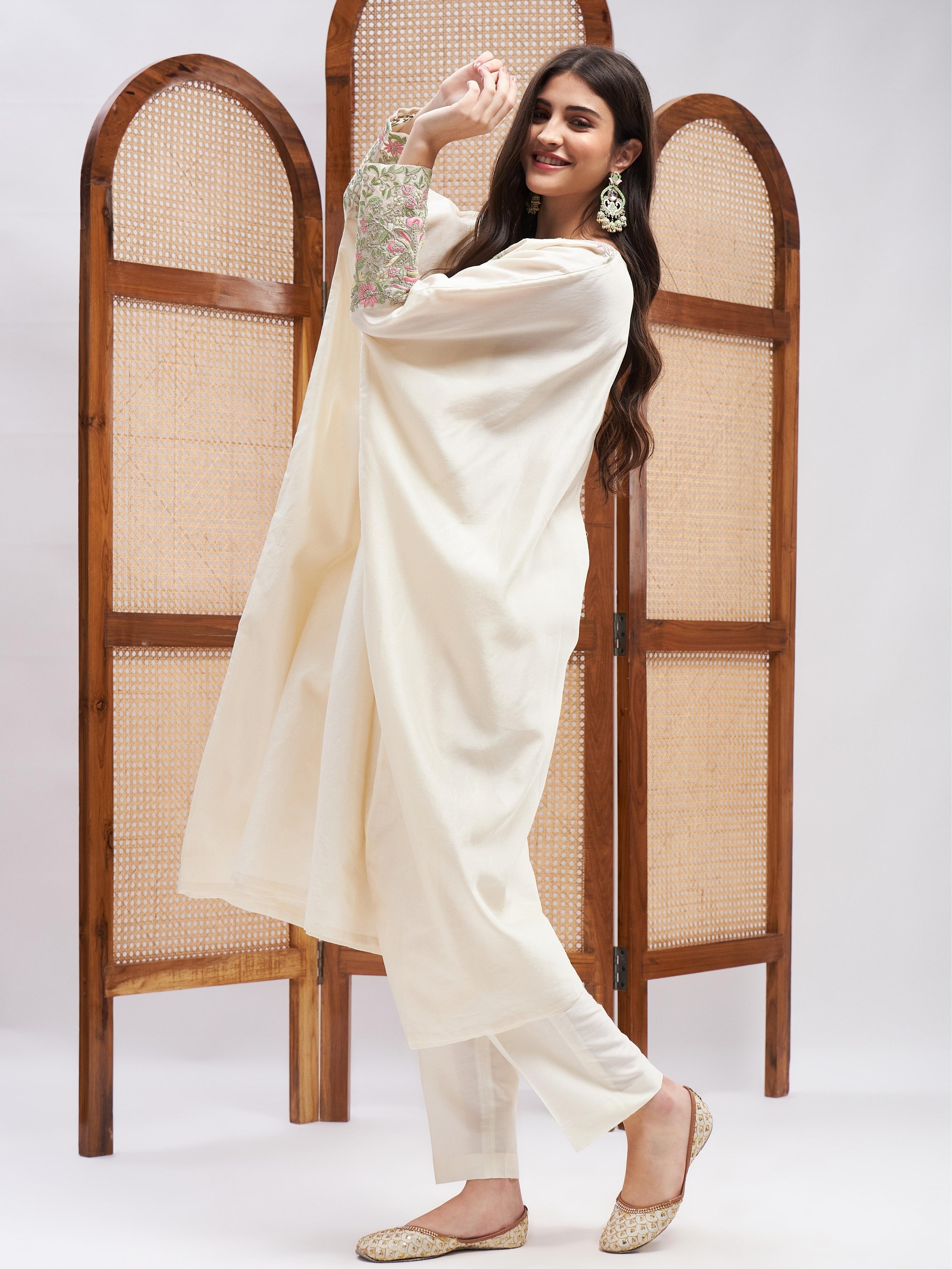 Off-White Chanderi Silk Kurta Set with Zari Embroidery at Kamakhyaa by RoohbyRidhimaa. This item is Chanderi Silk, Cotton, Embroidered, Festive Wear, Kurta Sets, Off-white, Relaxed Fit, Resham, Resham Embroidered, Silk Chanderi, Toxin free, Zari Embroidered