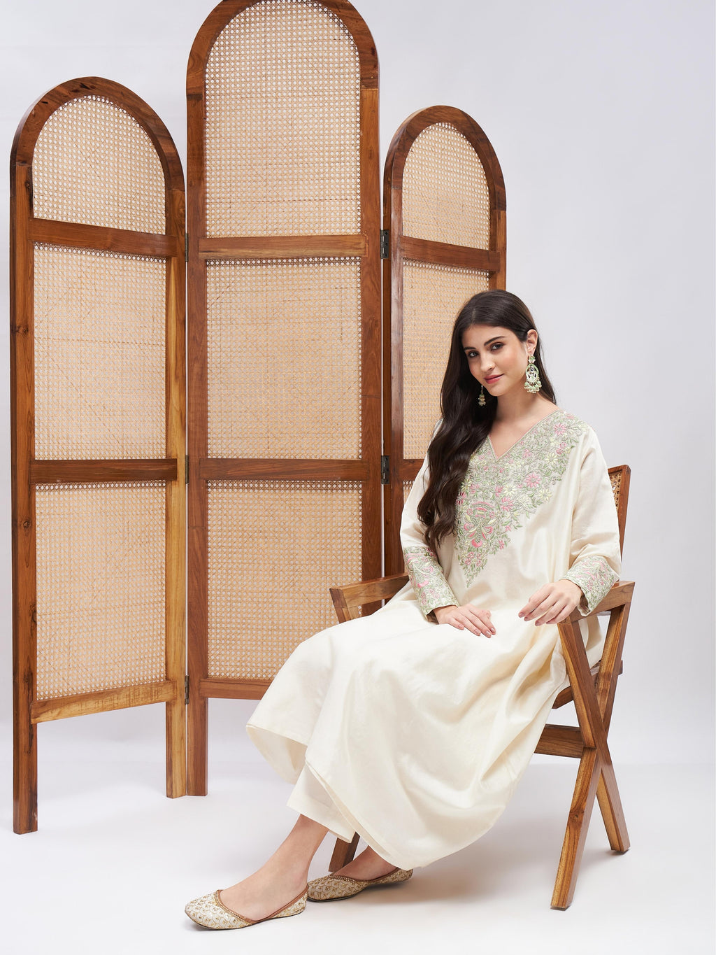 Off-White Chanderi Silk Kurta Set with Zari Embroidery at Kamakhyaa by RoohbyRidhimaa. This item is Chanderi Silk, Cotton, Embroidered, Festive Wear, Kurta Sets, Off-white, Relaxed Fit, Resham, Resham Embroidered, Silk Chanderi, Toxin free, Zari Embroidered