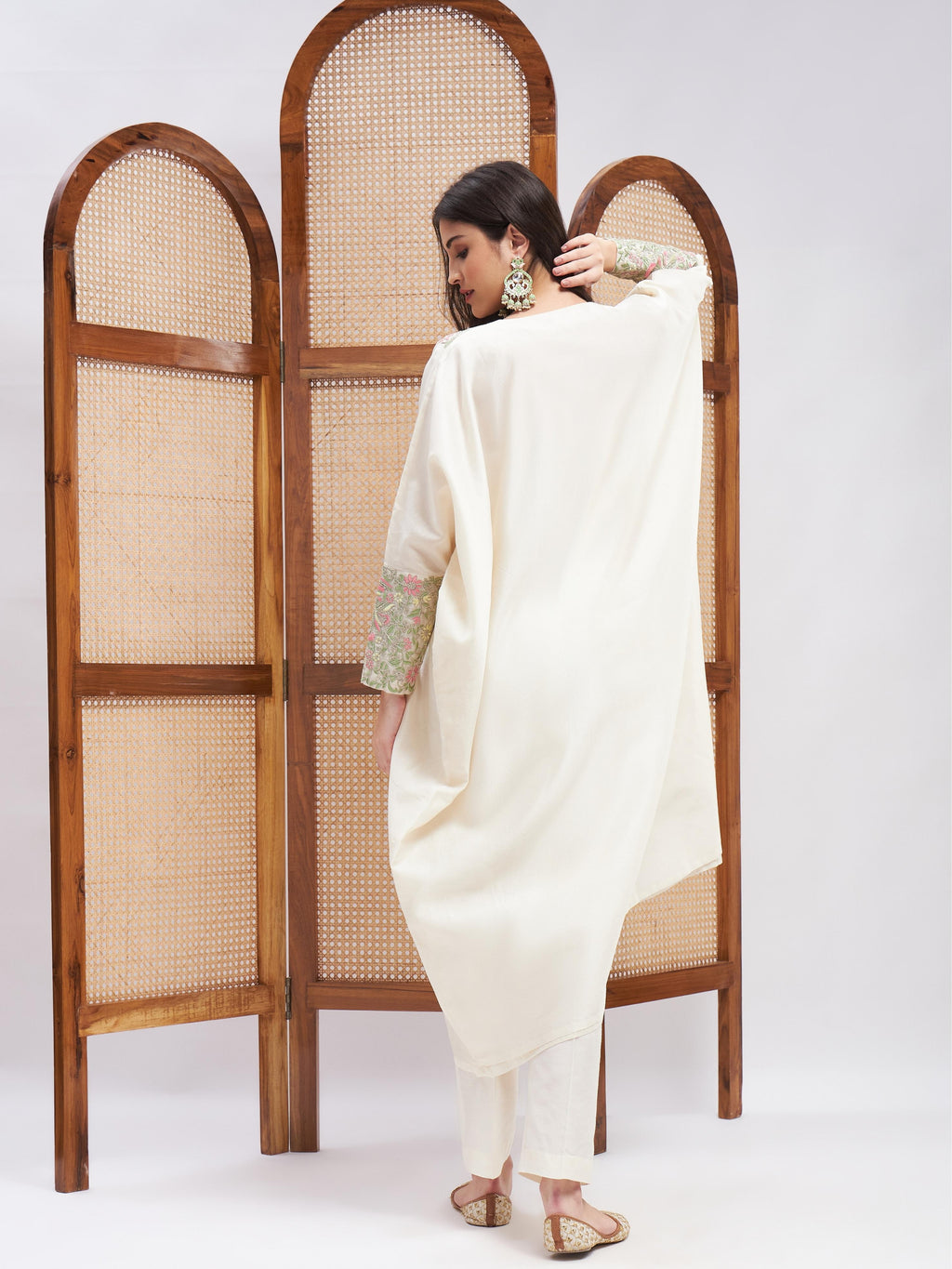 Off-White Chanderi Silk Kurta Set with Zari Embroidery at Kamakhyaa by RoohbyRidhimaa. This item is Chanderi Silk, Cotton, Embroidered, Festive Wear, Kurta Sets, Off-white, Relaxed Fit, Resham, Resham Embroidered, Silk Chanderi, Toxin free, Zari Embroidered