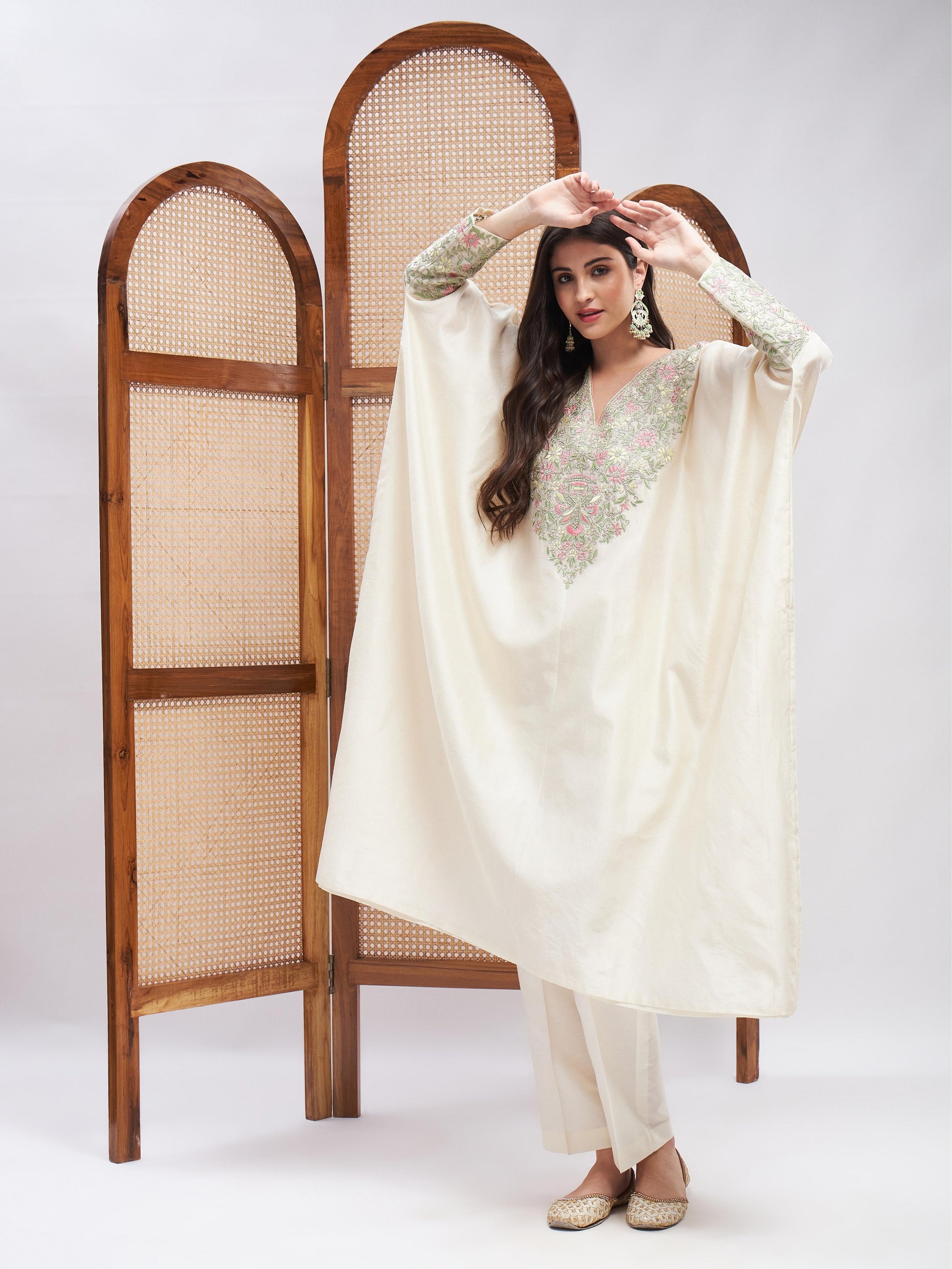 Off-White Chanderi Silk Kurta Set with Zari Embroidery at Kamakhyaa by RoohbyRidhimaa. This item is Chanderi Silk, Cotton, Embroidered, Festive Wear, Kurta Sets, Off-white, Relaxed Fit, Resham, Resham Embroidered, Silk Chanderi, Toxin free, Zari Embroidered