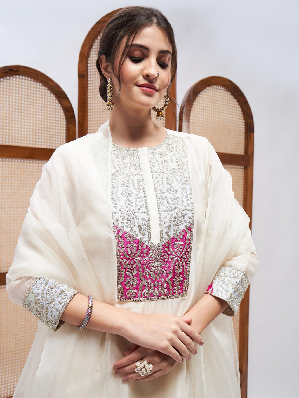 Off-White Cotton Mulmul Kurta Set with Dupatta at Kamakhyaa by RoohbyRidhimaa. This item is Casual Wear, Chanderi Silk, Cotton Mulmul, Dupattas, Kurta Set with Dupattas, Kurta Sets, Off-white, Organza, Regular Fit, Silk Chanderi, Toxin free, Zari Embroidered