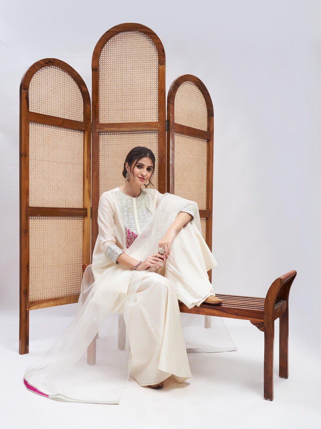 Off-White Cotton Mulmul Kurta Set with Dupatta at Kamakhyaa by RoohbyRidhimaa. This item is Casual Wear, Chanderi Silk, Cotton Mulmul, Dupattas, Kurta Set with Dupattas, Kurta Sets, Off-white, Organza, Regular Fit, Silk Chanderi, Toxin free, Zari Embroidered