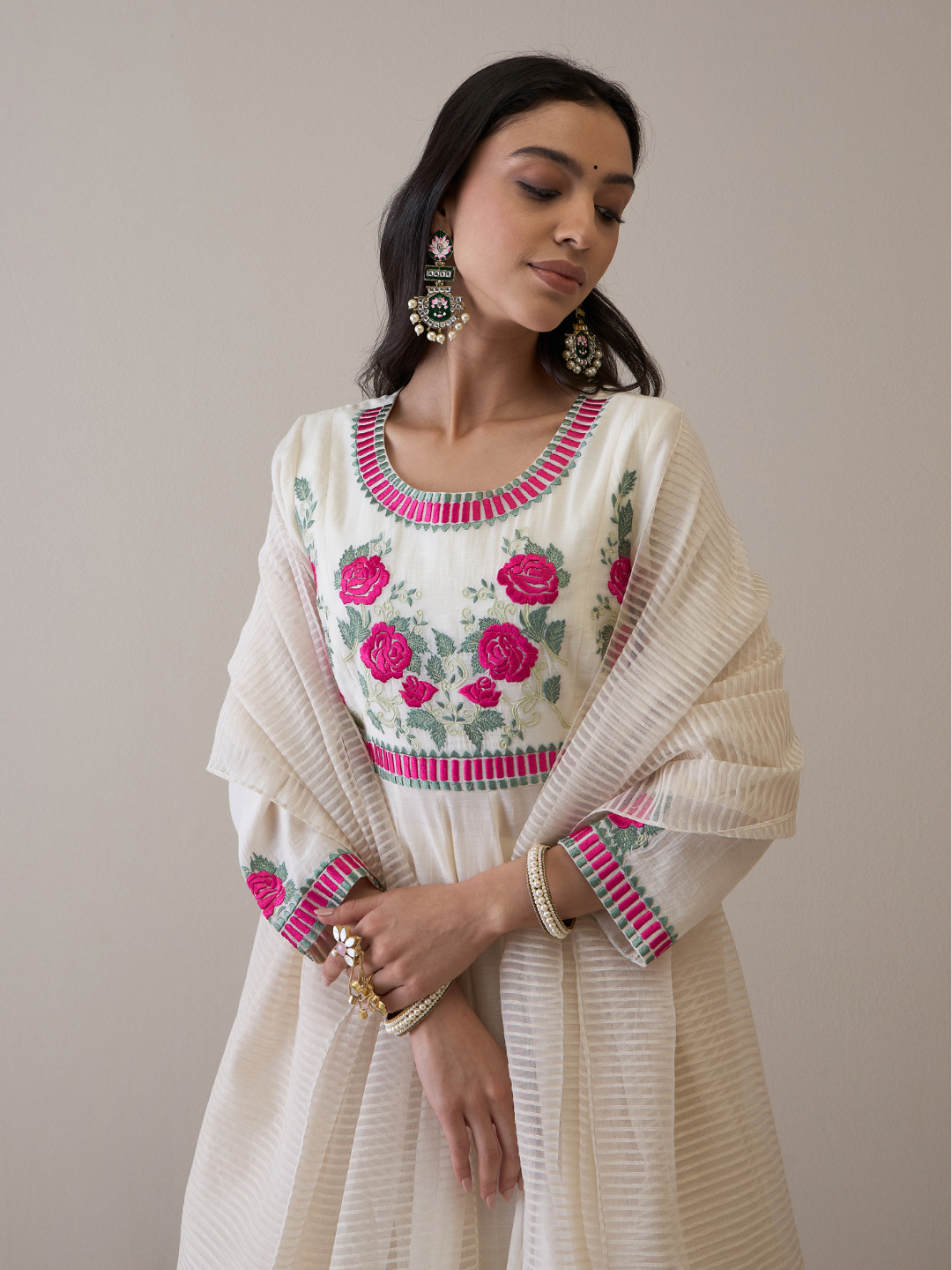 Off White Floral Embroidered Anarkali Kurta Set with dupatta at Kamakhyaa by RoohbyRidhimaa. This item is Avani by RoohbyRidhimaa, Chanderi Silk, Ethnic Wear, Kurta Set with Dupattas, Pure Silk Chanderi, Regular Fit, Resham Embroidered, Silk Chanderi, Toxin free, White