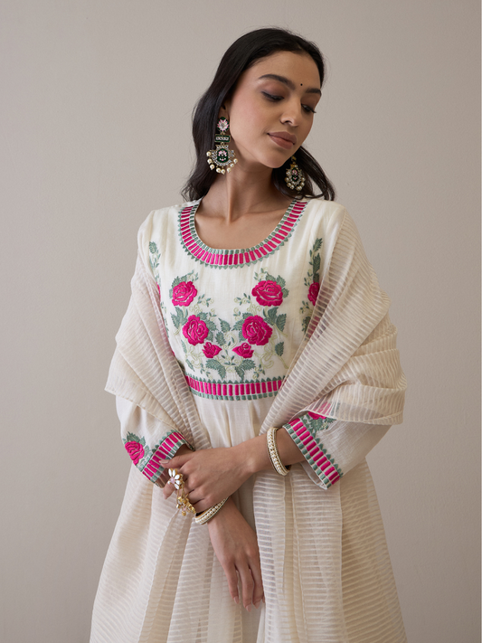 Off White Floral Embroidered Anarkali Kurta Set with dupatta at Kamakhyaa by RoohbyRidhimaa. This item is Avani by RoohbyRidhimaa, Chanderi Silk, Ethnic Wear, Kurta Set with Dupattas, Pure Silk Chanderi, Regular Fit, Resham Embroidered, Silk Chanderi, Toxin free, White