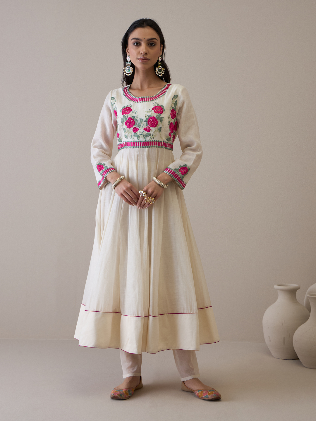 Off White Floral Embroidered Anarkali Kurta Set with dupatta at Kamakhyaa by RoohbyRidhimaa. This item is Avani by RoohbyRidhimaa, Chanderi Silk, Ethnic Wear, Kurta Set with Dupattas, Pure Silk Chanderi, Regular Fit, Resham Embroidered, Silk Chanderi, Toxin free, White