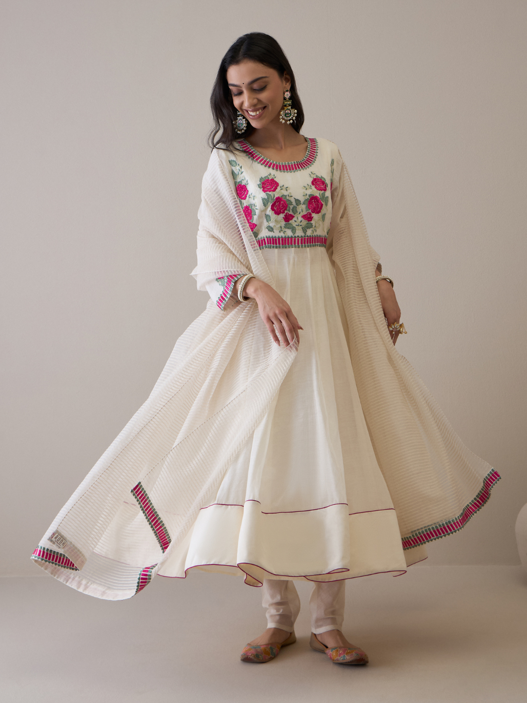 Off White Floral Embroidered Anarkali Kurta Set with dupatta at Kamakhyaa by RoohbyRidhimaa. This item is Avani by RoohbyRidhimaa, Chanderi Silk, Ethnic Wear, Kurta Set with Dupattas, Pure Silk Chanderi, Regular Fit, Resham Embroidered, Silk Chanderi, Toxin free, White