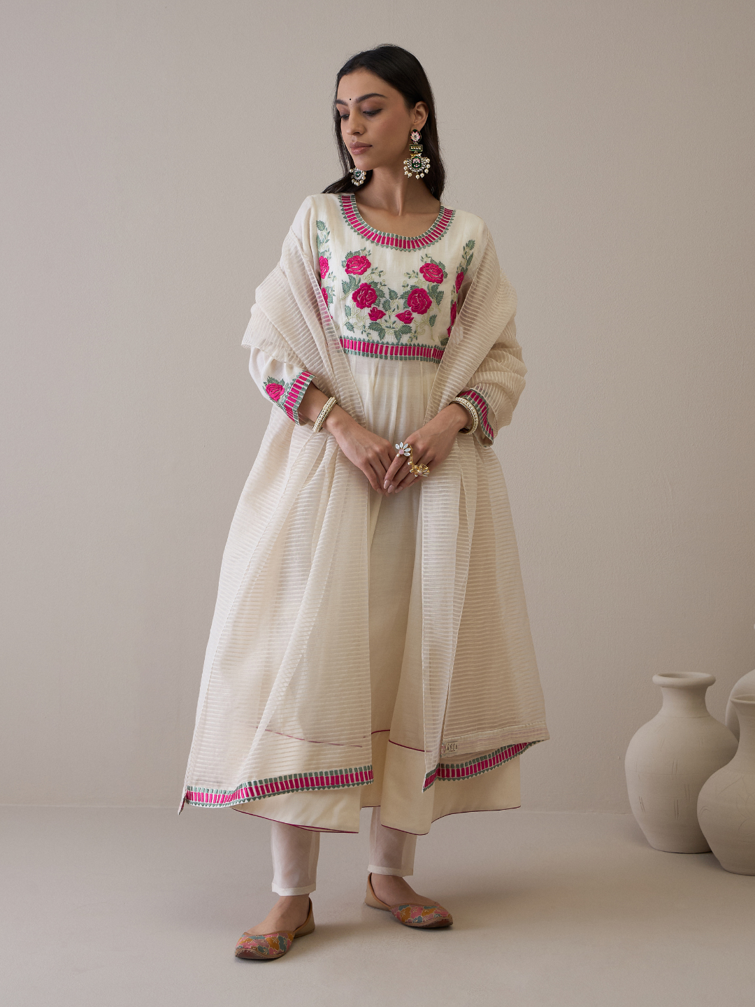 Off White Floral Embroidered Anarkali Kurta Set with dupatta at Kamakhyaa by RoohbyRidhimaa. This item is Avani by RoohbyRidhimaa, Chanderi Silk, Ethnic Wear, Kurta Set with Dupattas, Pure Silk Chanderi, Regular Fit, Resham Embroidered, Silk Chanderi, Toxin free, White