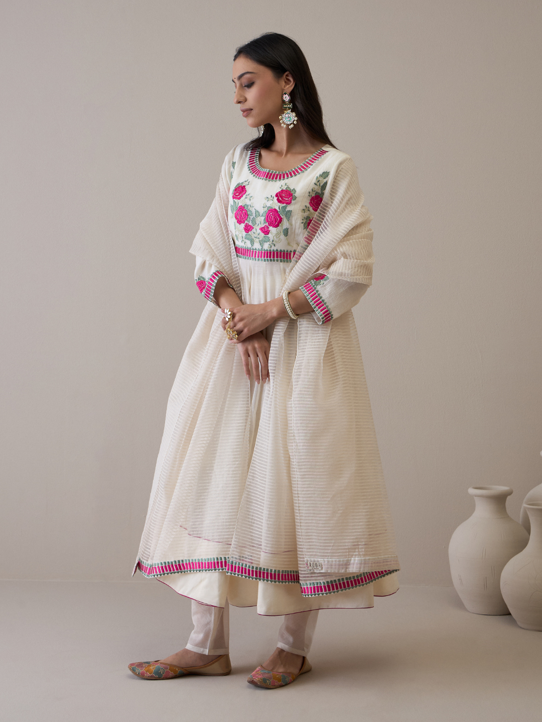 Off White Floral Embroidered Anarkali Kurta Set with dupatta at Kamakhyaa by RoohbyRidhimaa. This item is Avani by RoohbyRidhimaa, Chanderi Silk, Ethnic Wear, Kurta Set with Dupattas, Pure Silk Chanderi, Regular Fit, Resham Embroidered, Silk Chanderi, Toxin free, White