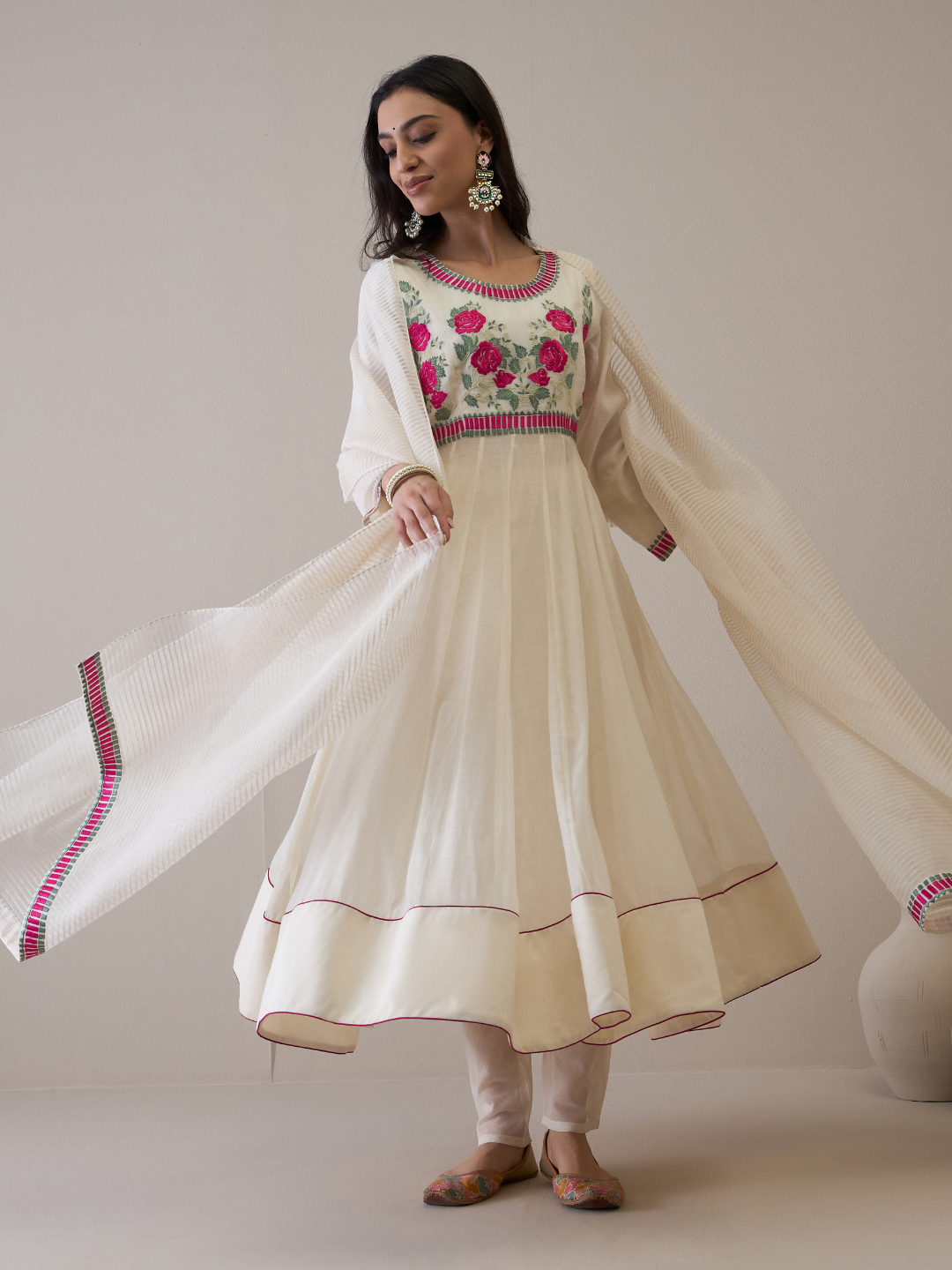 Off White Floral Embroidered Anarkali Kurta Set with dupatta at Kamakhyaa by RoohbyRidhimaa. This item is Avani by RoohbyRidhimaa, Chanderi Silk, Ethnic Wear, Kurta Set with Dupattas, Pure Silk Chanderi, Regular Fit, Resham Embroidered, Silk Chanderi, Toxin free, White