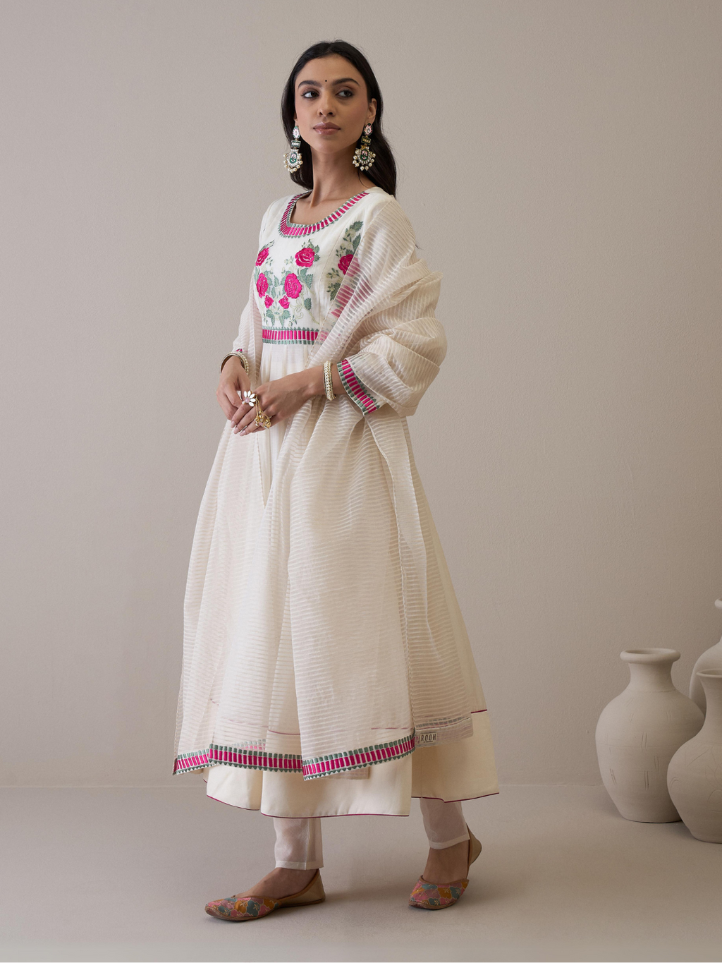 Off White Floral Embroidered Anarkali Kurta Set with dupatta at Kamakhyaa by RoohbyRidhimaa. This item is Avani by RoohbyRidhimaa, Chanderi Silk, Ethnic Wear, Kurta Set with Dupattas, Pure Silk Chanderi, Regular Fit, Resham Embroidered, Silk Chanderi, Toxin free, White