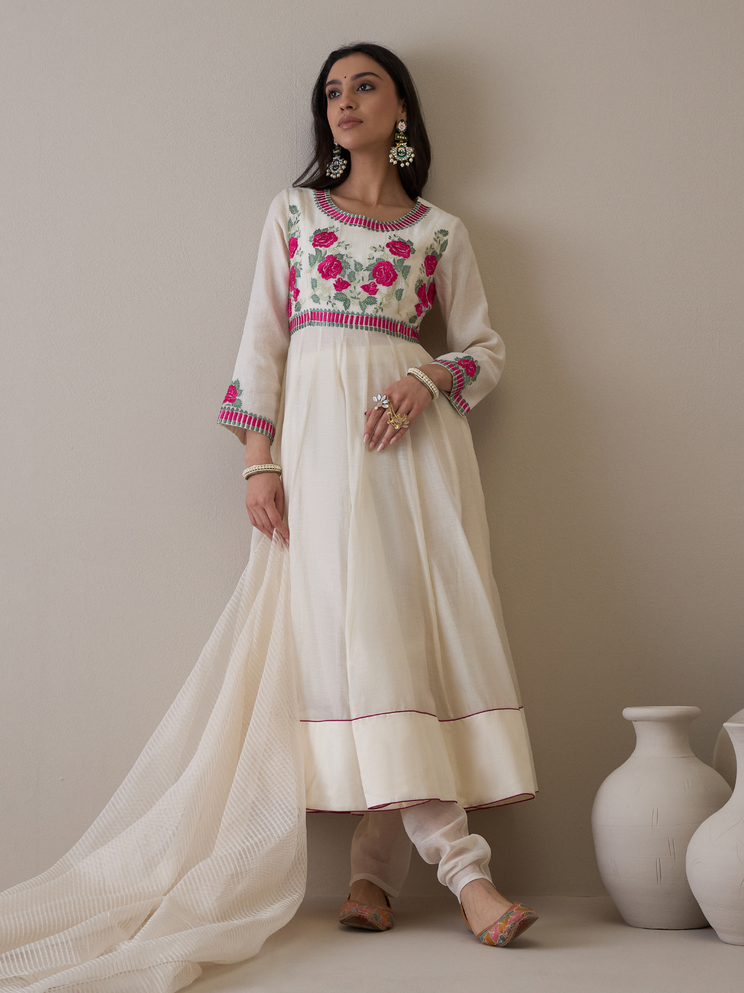 Off White Floral Embroidered Anarkali Kurta Set with dupatta at Kamakhyaa by RoohbyRidhimaa. This item is Avani by RoohbyRidhimaa, Chanderi Silk, Ethnic Wear, Kurta Set with Dupattas, Pure Silk Chanderi, Regular Fit, Resham Embroidered, Silk Chanderi, Toxin free, White