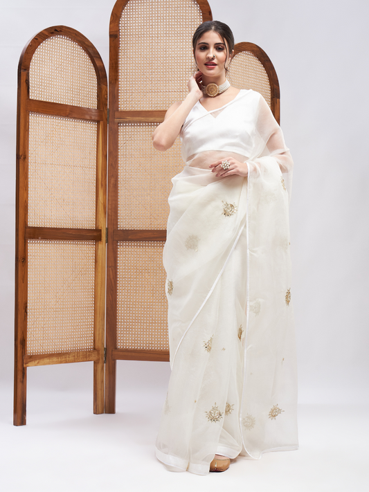 Off White Pure Silk Organza Saree Set at Kamakhyaa by RoohbyRidhimaa. This item is Embroidered, Festive Wear, Free Size, Off white, Resham Embroidered, Saree Sets, Toxin free
