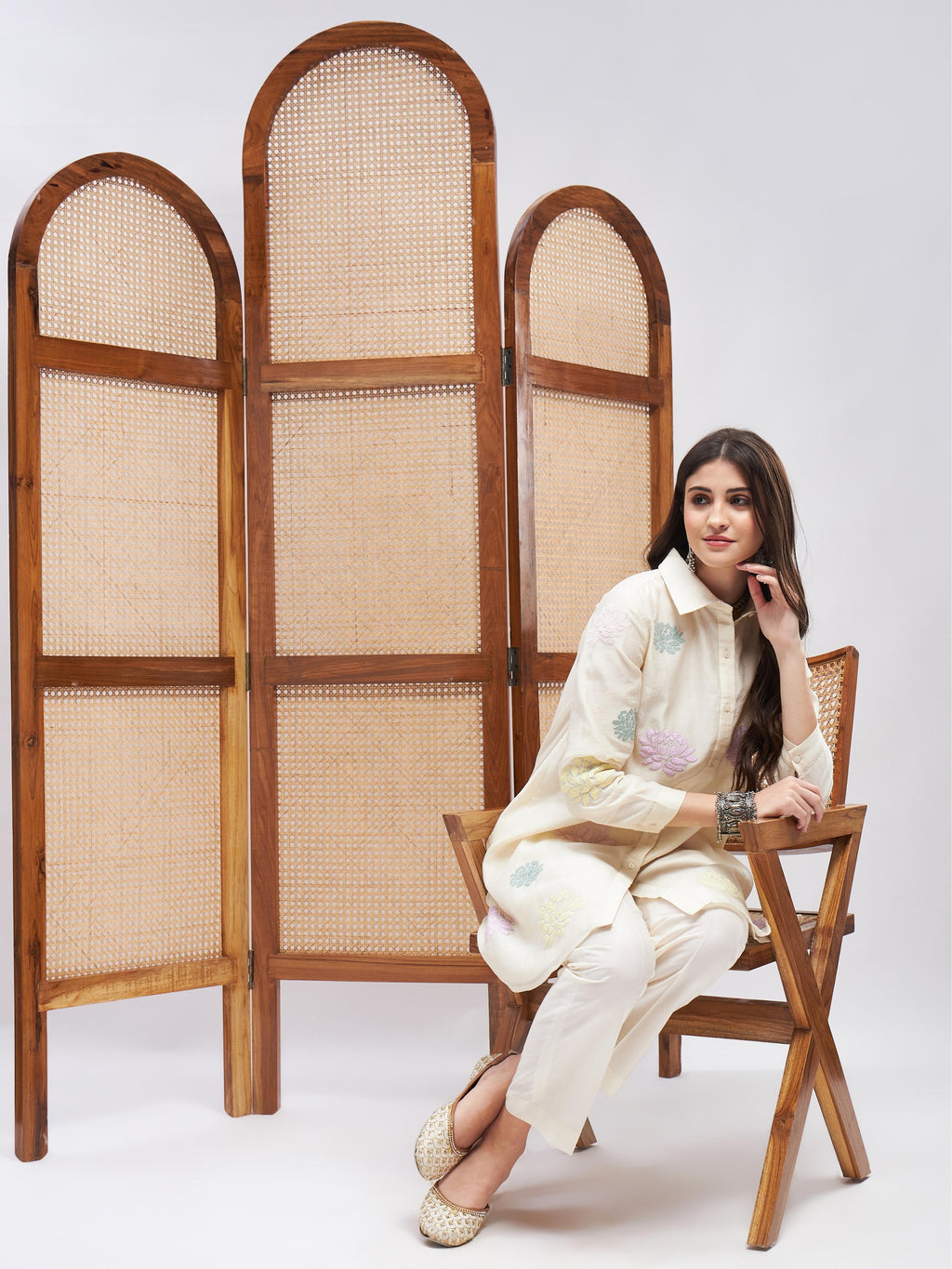 Off-White Resham Embroidered Kurta Set at Kamakhyaa by RoohbyRidhimaa. This item is Cotton Mulmul, Kurta Sets, Off-white, Office Wear, Relaxed Fit, Resham Embroidered, Silk Chanderi, Toxin free