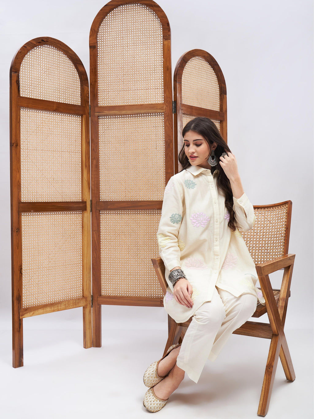 Off-White Resham Embroidered Kurta Set at Kamakhyaa by RoohbyRidhimaa. This item is Cotton Mulmul, Kurta Sets, Off-white, Office Wear, Relaxed Fit, Resham Embroidered, Silk Chanderi, Toxin free