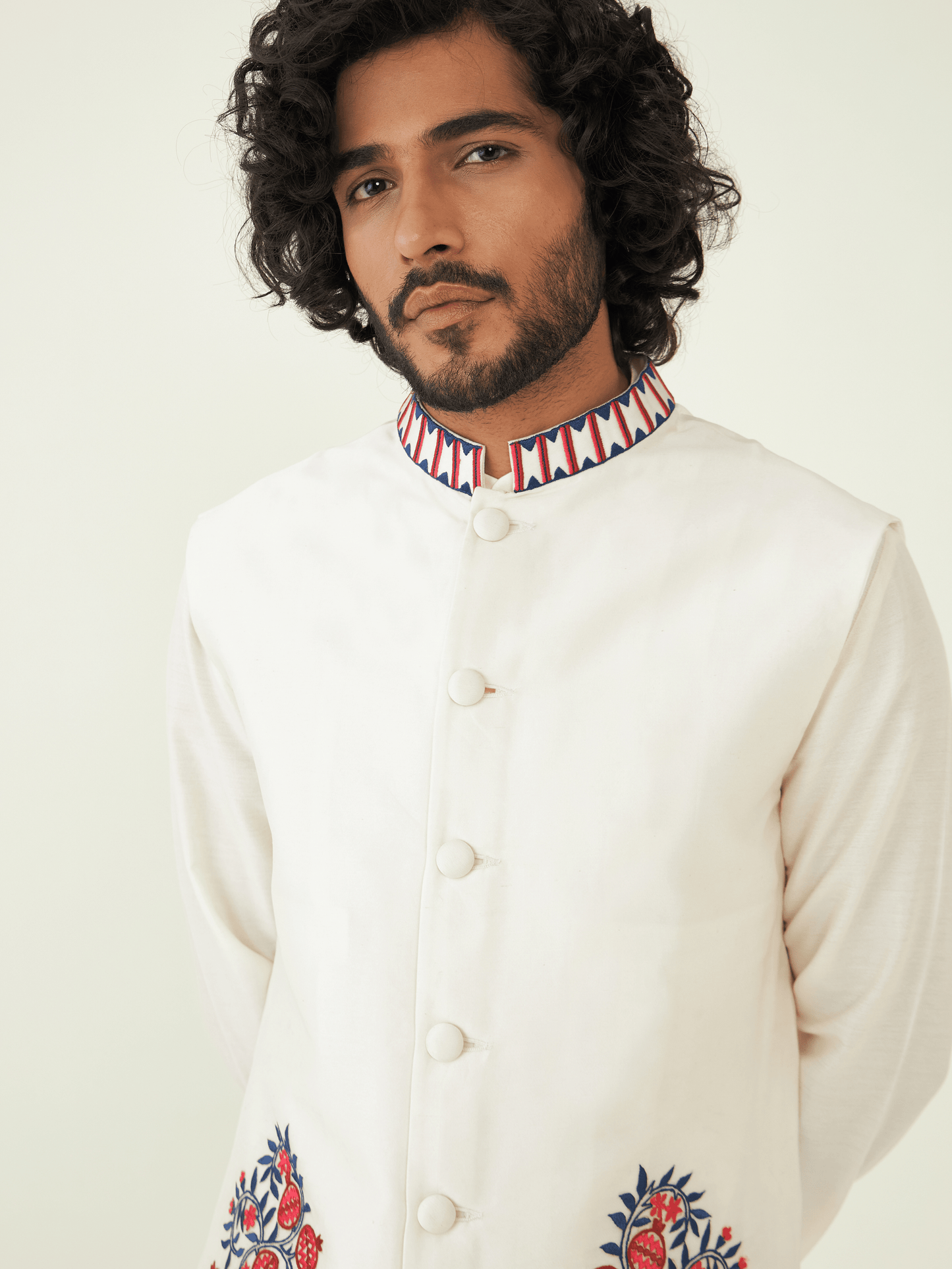 Off-White Silk Chanderi Jacket at Kamakhyaa by RoohbyRidhimaa. This item is Chanderi Silk, Festive Wear, Jackets, Men Jackets, Menswear By RoohbyRidhimaa, Off-white, Qala By RoohbyRidhimaa, Regular Fit, Resham Embroidered, Silk Chanderi